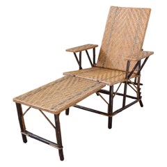 Rattan Green Stripe Folding Deck Chair Patio Lounger, Chaise Longue