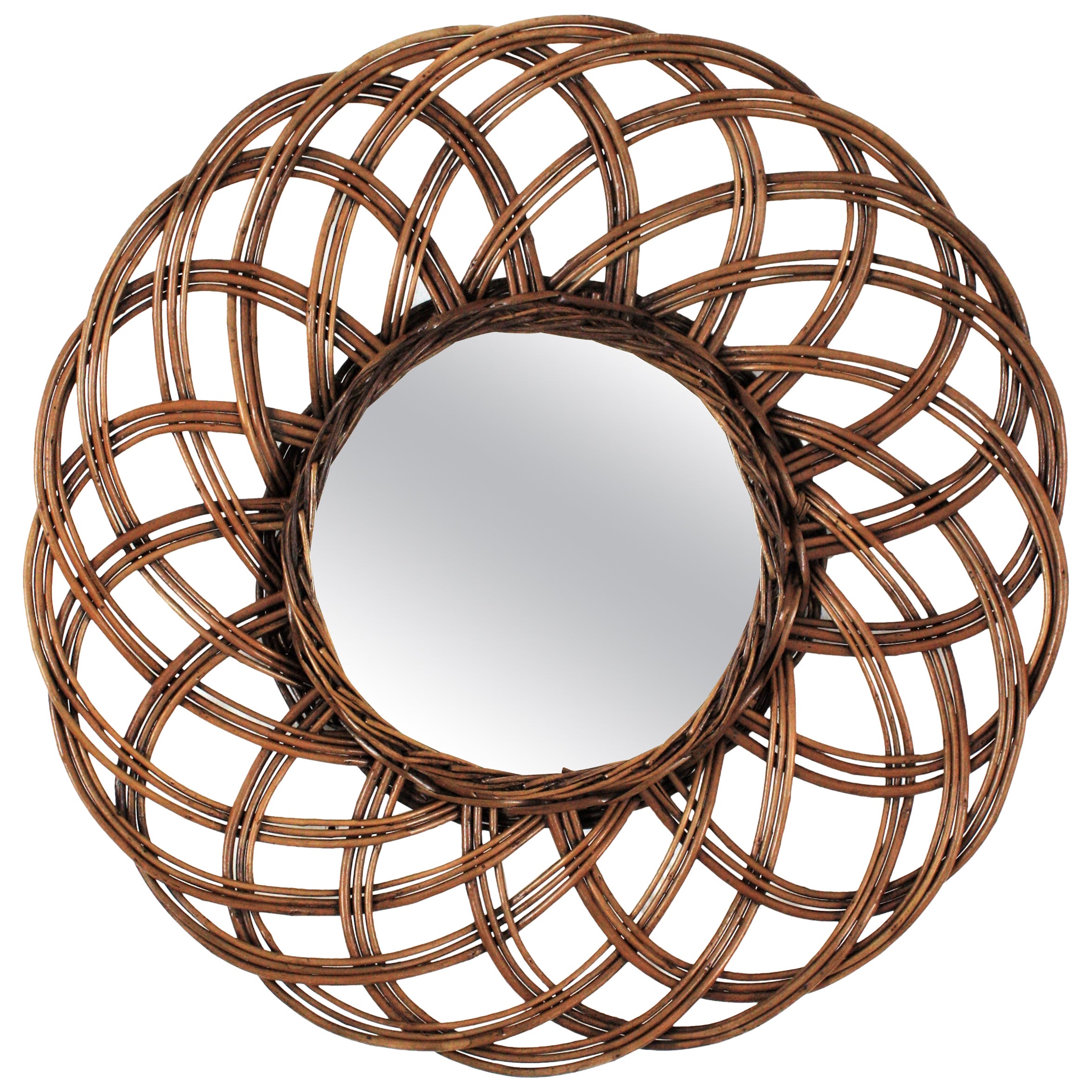 Rattan Hand-Woven Flower Sunburst Mirror, 1960s
