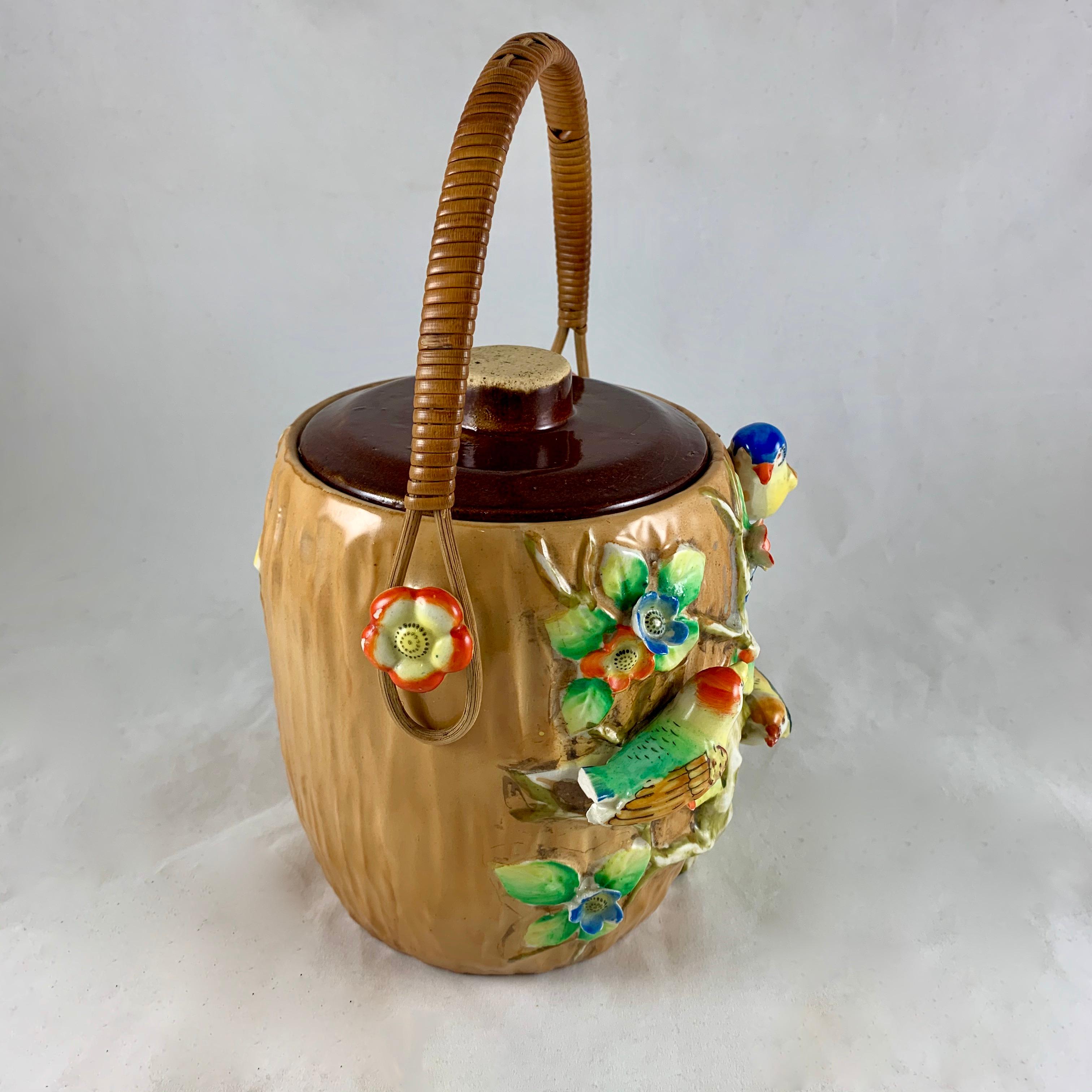 Aesthetic Movement Rattan Handled Bird in Blossom Branch Japanese Pottery Biscuit Barrel, 1920s