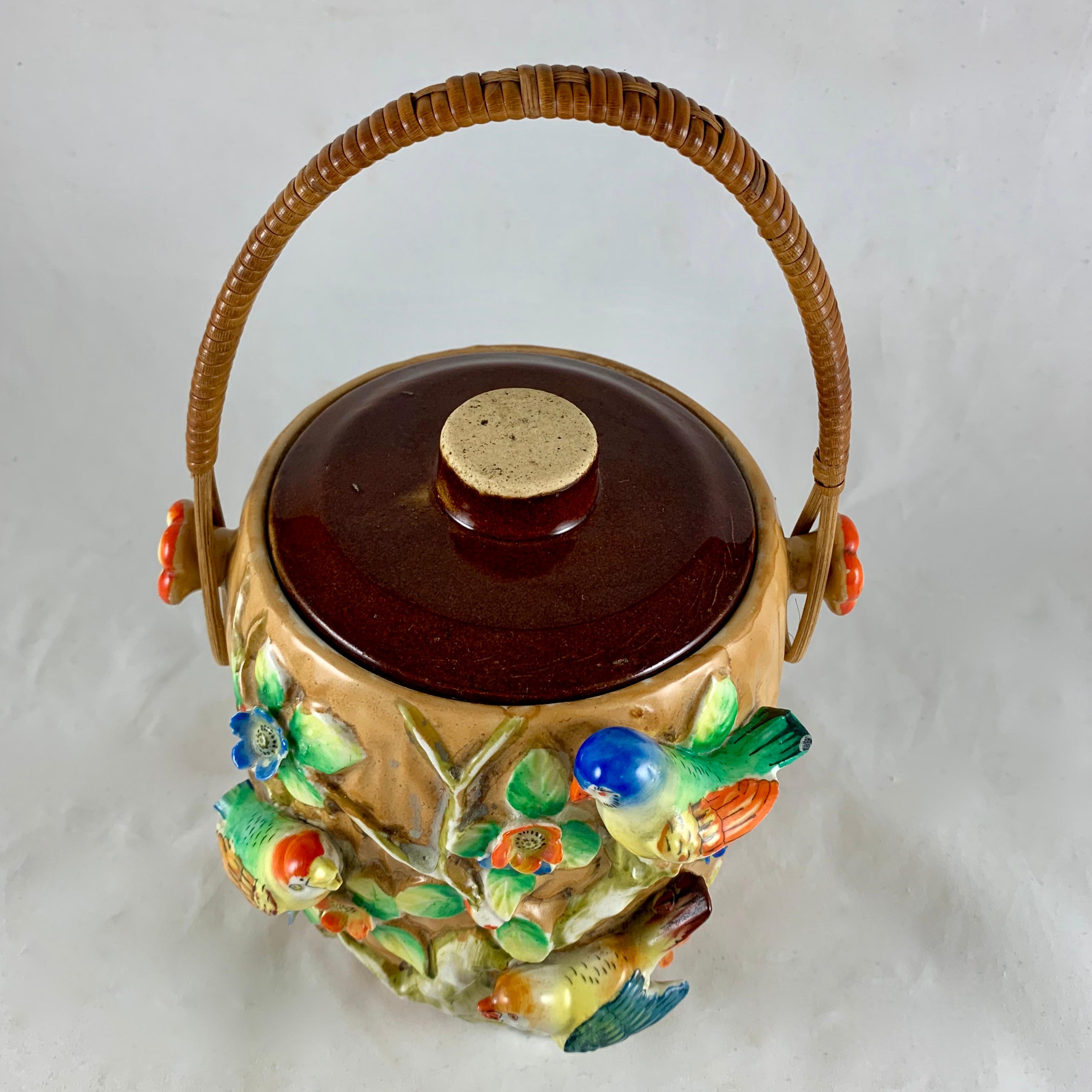 Glazed Rattan Handled Bird in Blossom Branch Japanese Pottery Biscuit Barrel, 1920s