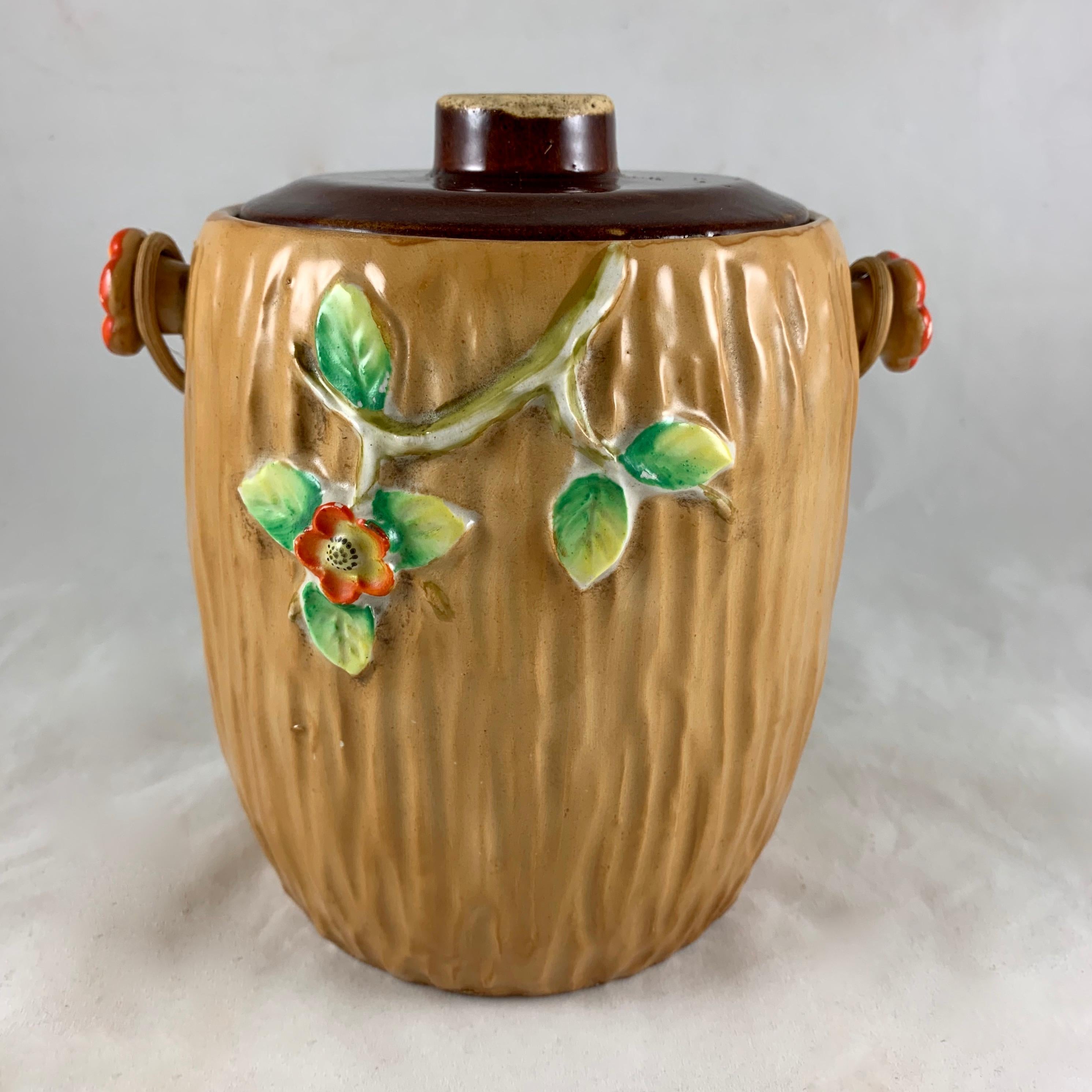 20th Century Rattan Handled Bird in Blossom Branch Japanese Pottery Biscuit Barrel, 1920s