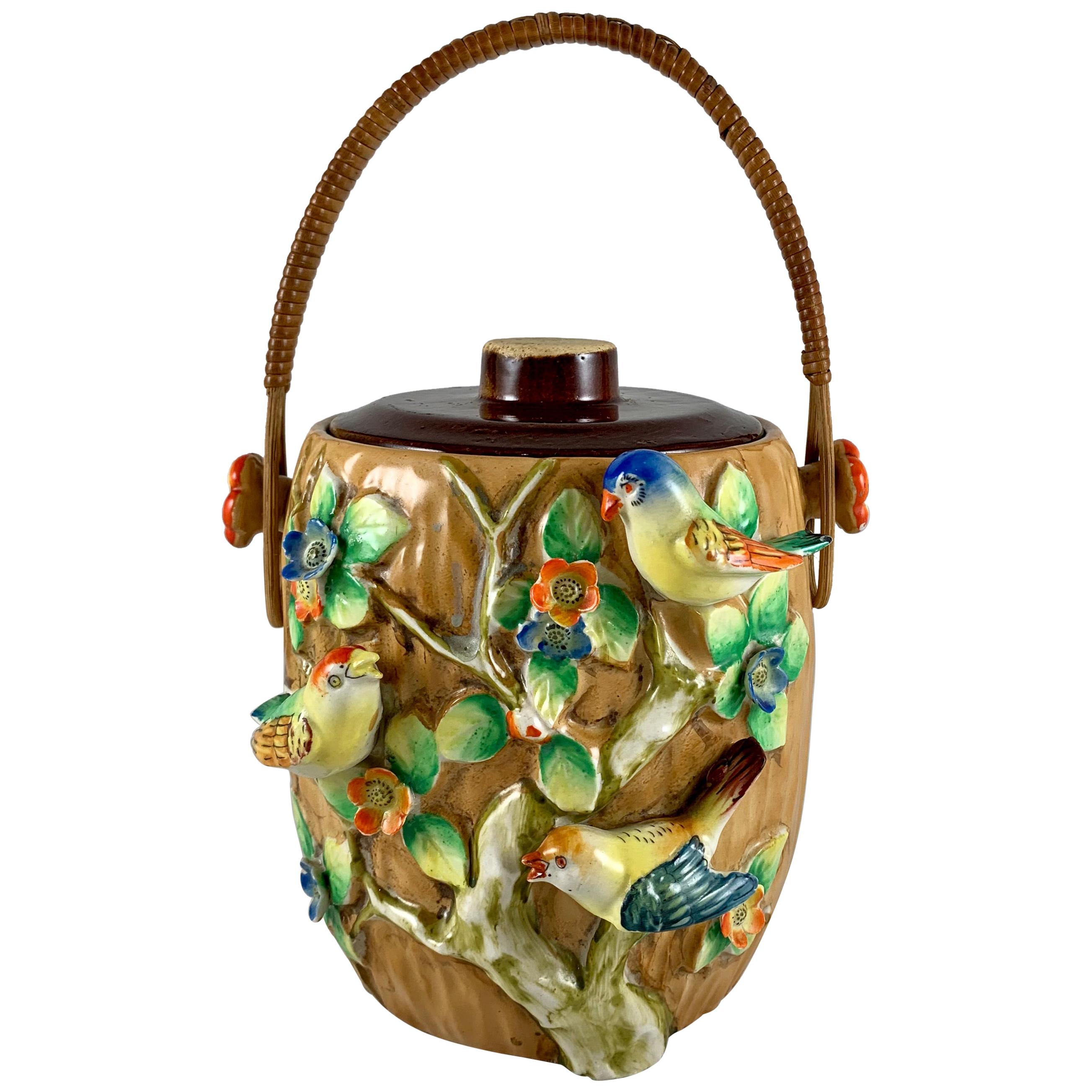 Rattan Handled Bird in Blossom Branch Japanese Pottery Biscuit Barrel, 1920s