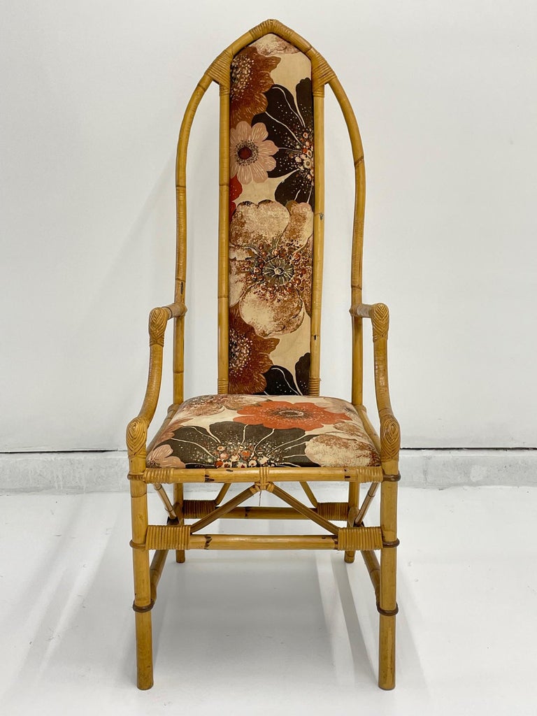 Rattan High Back Cathedral Dining Chairs in the Manner of McGuire For