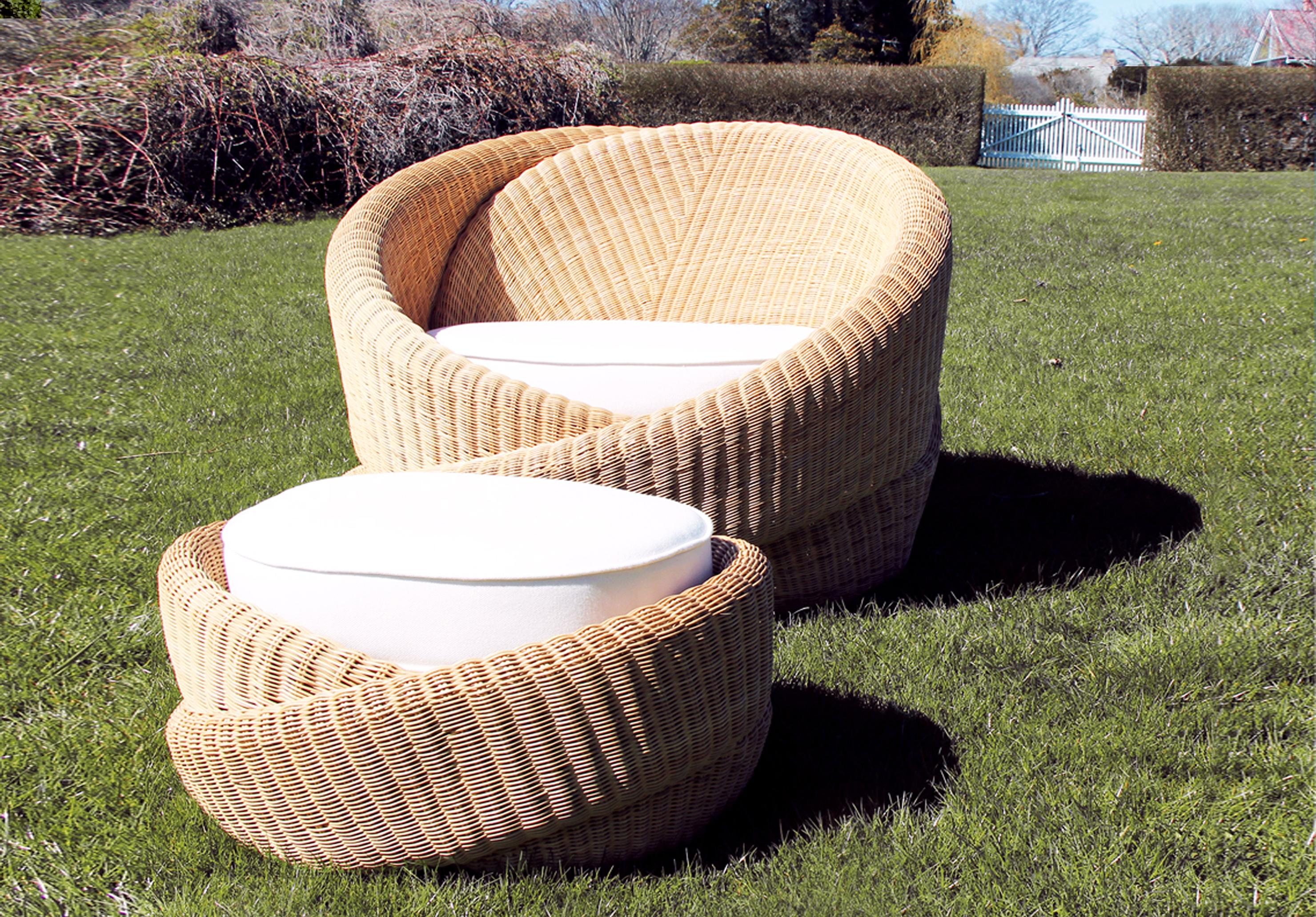 Woven Looped Rattan Indoor-Outdoor Armchair and Footrest/Ottoman, Cushion  For Sale