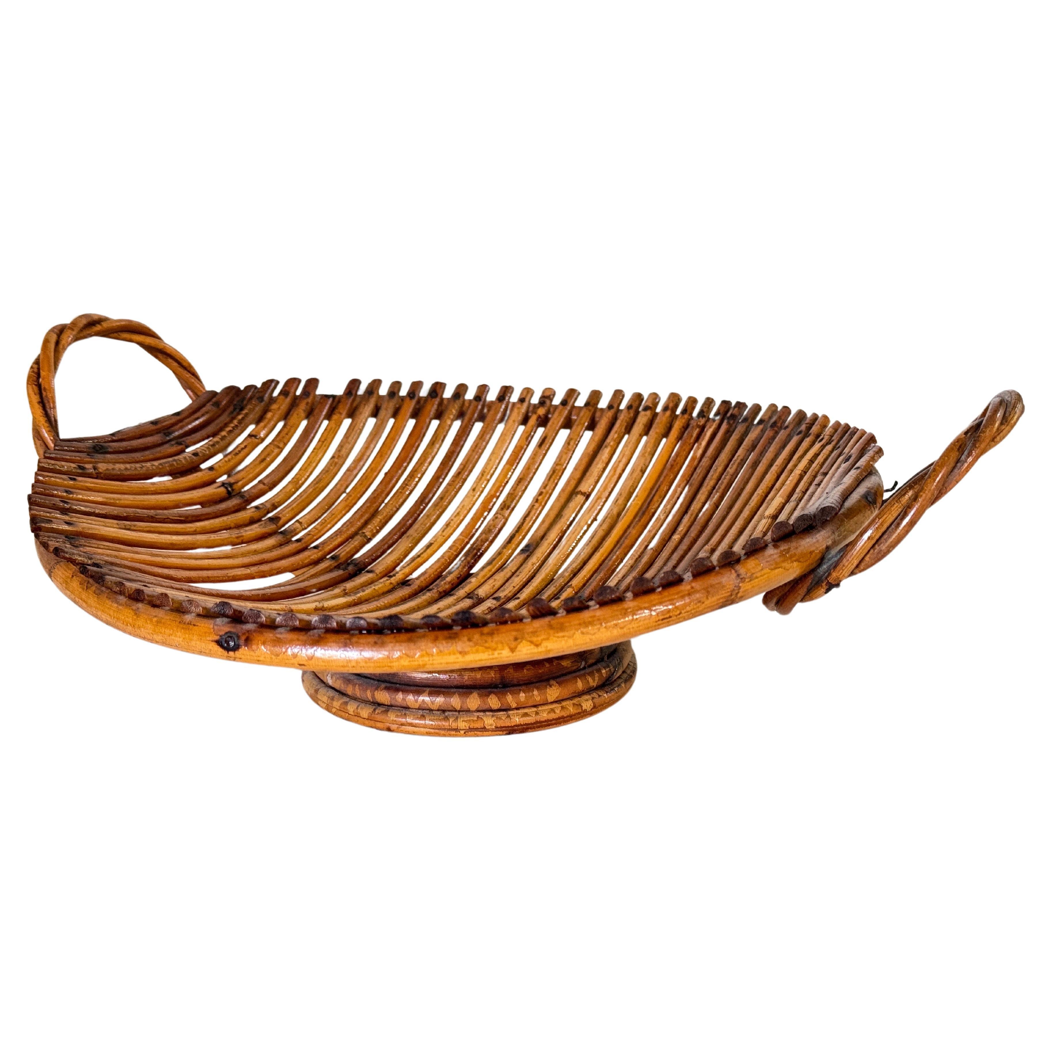 French Provincial Rattan Italian Basket Bowl Centerpiece, 1970s Crespi Style For Sale