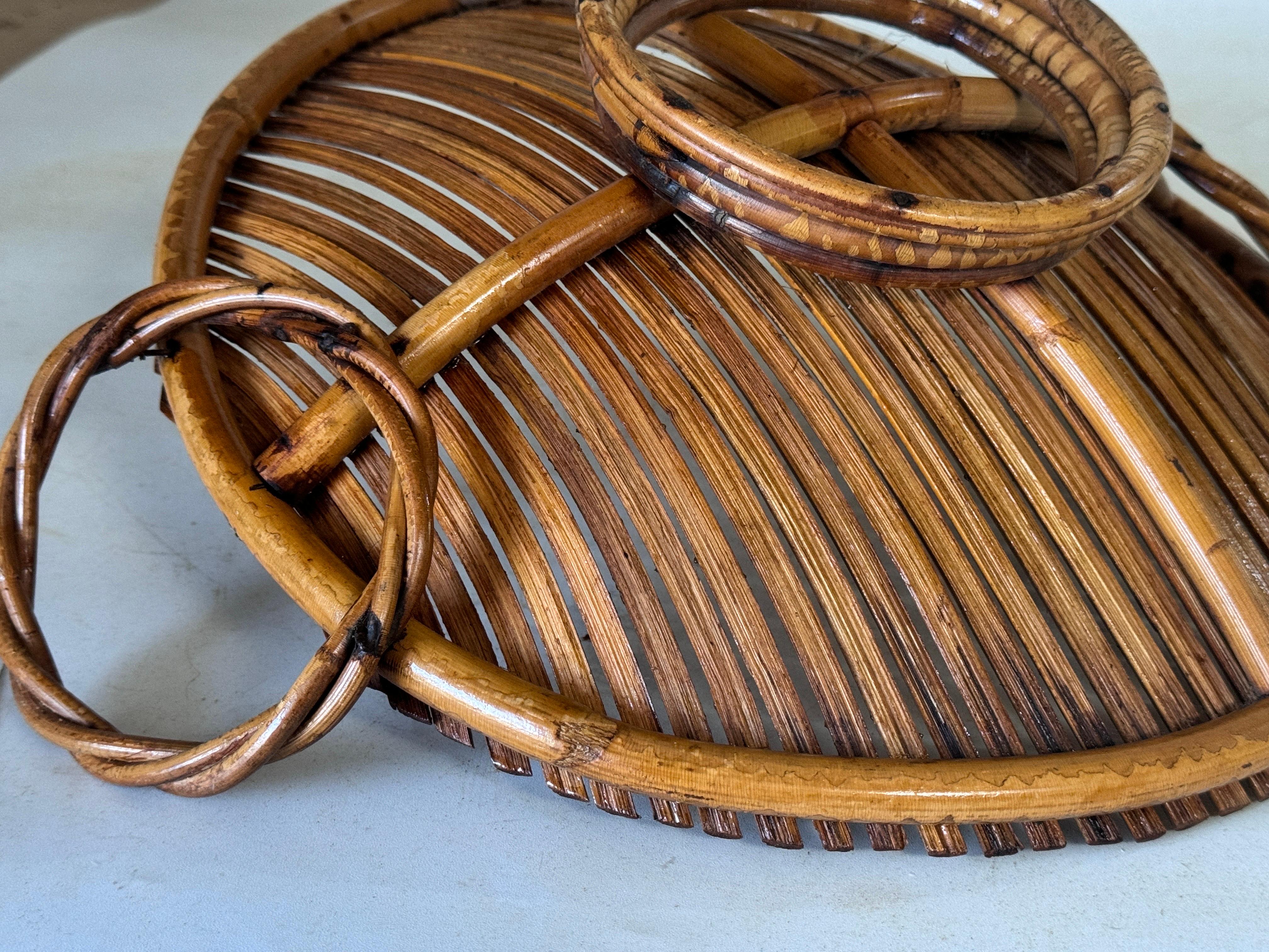Late 20th Century Rattan Italian Basket Bowl Centerpiece, 1970s Crespi Style For Sale
