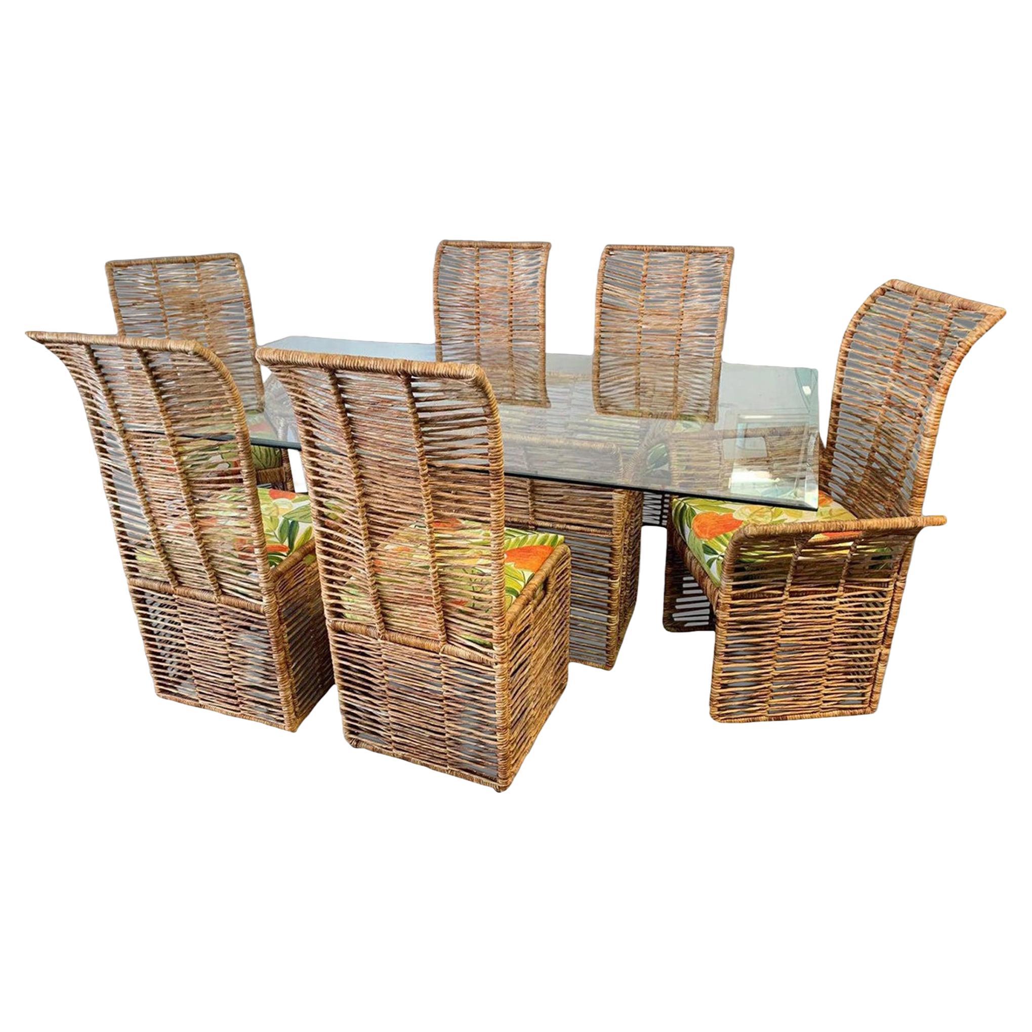 Rattan Jute Rope Wrapped 7-Piece Dining Set For Sale