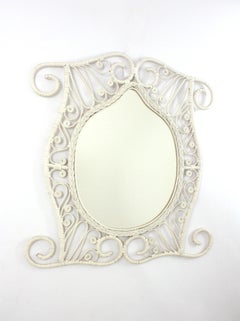 Rattan Large Mirror with Filigree Peacock Frame in White Patina, Spain 1950's