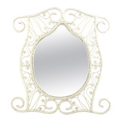 Rattan Large Mirror with Filigree Peacock Frame in White Patina, Spain 1950's