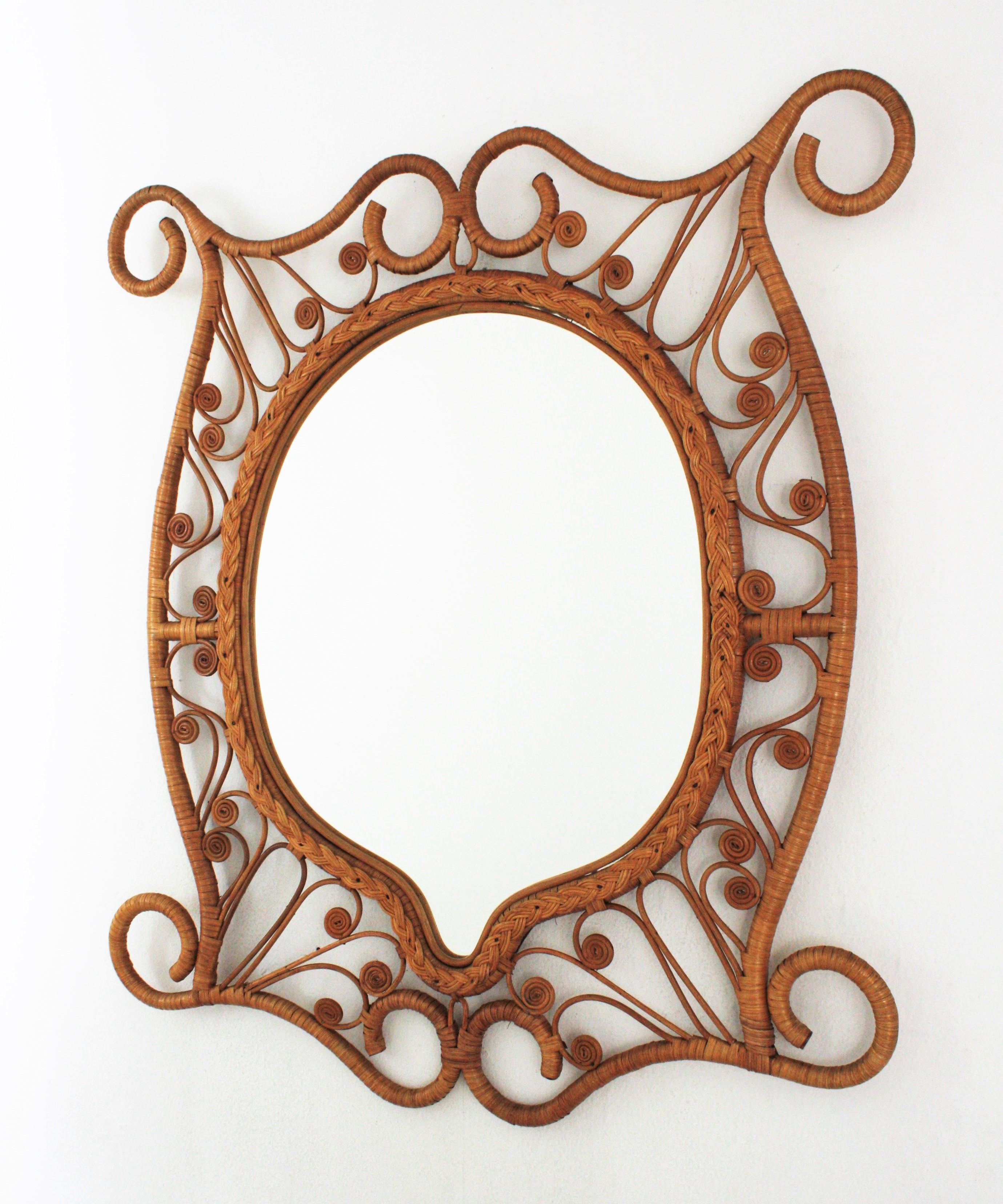 Rattan Large Mirror with Filigree Peacock Frame, Spain, 1960s 2
