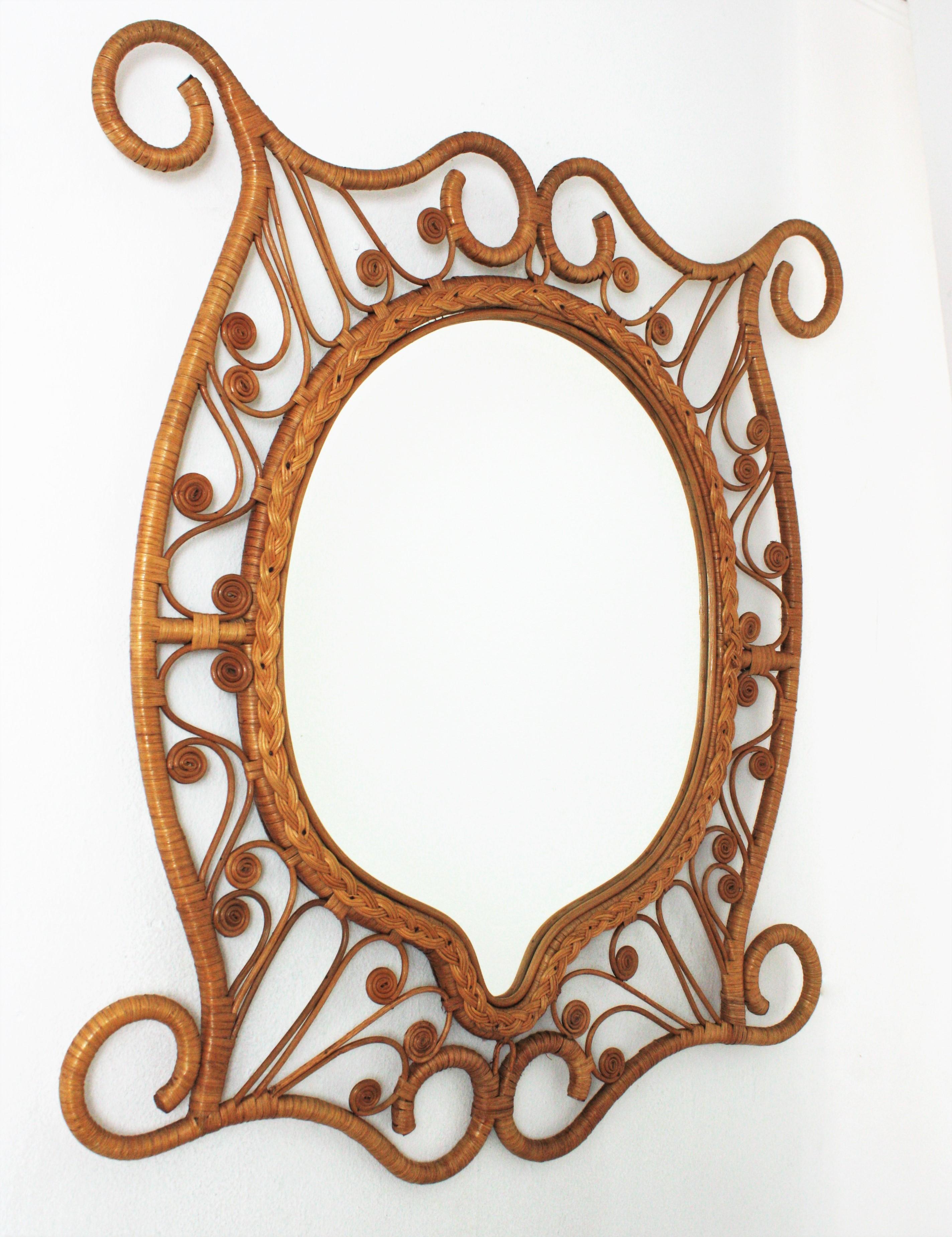 Mid-Century Modern Rattan Large Mirror with Filigree Peacock Frame, Spain, 1960s