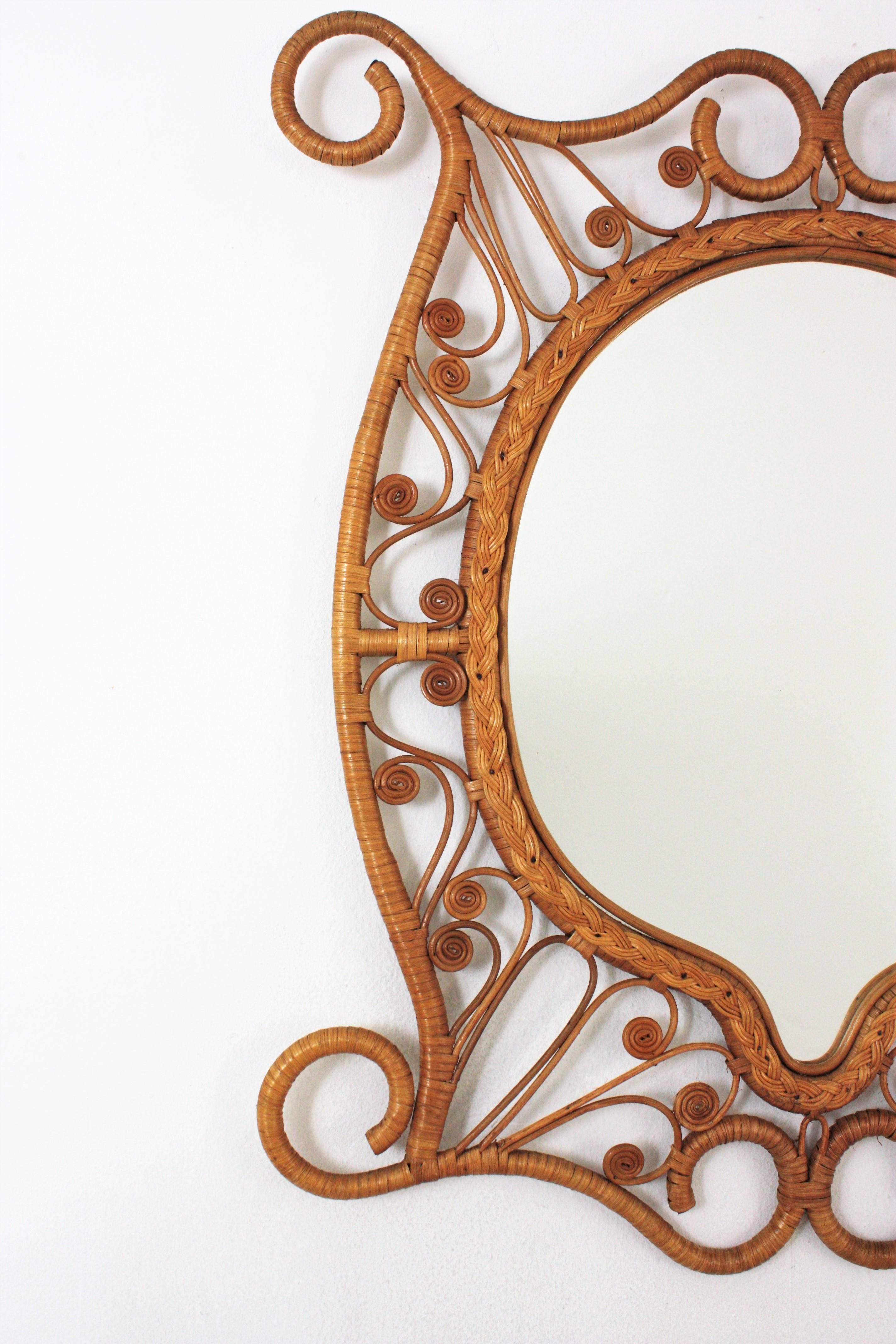 Hand-Crafted Rattan Large Mirror with Filigree Peacock Frame, Spain, 1960s