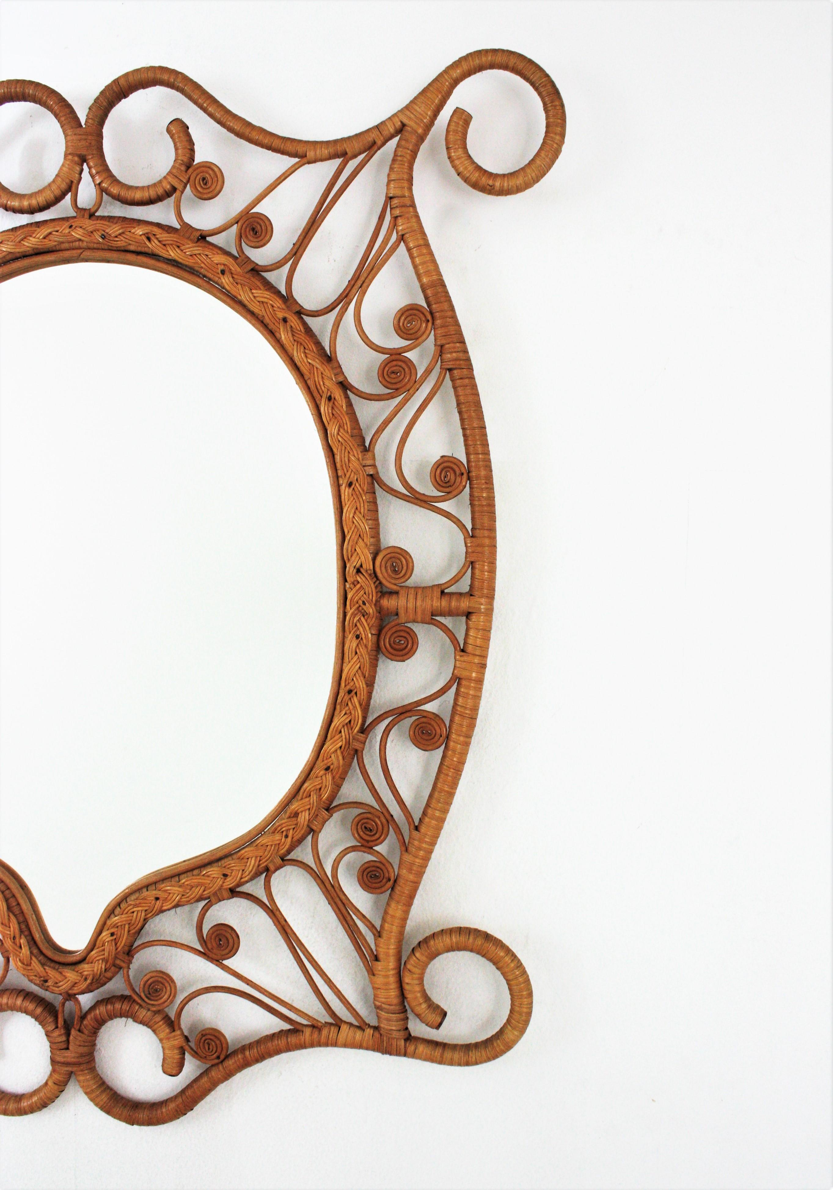 Rattan Large Mirror with Filigree Peacock Frame, Spain, 1960s In Good Condition In Barcelona, ES