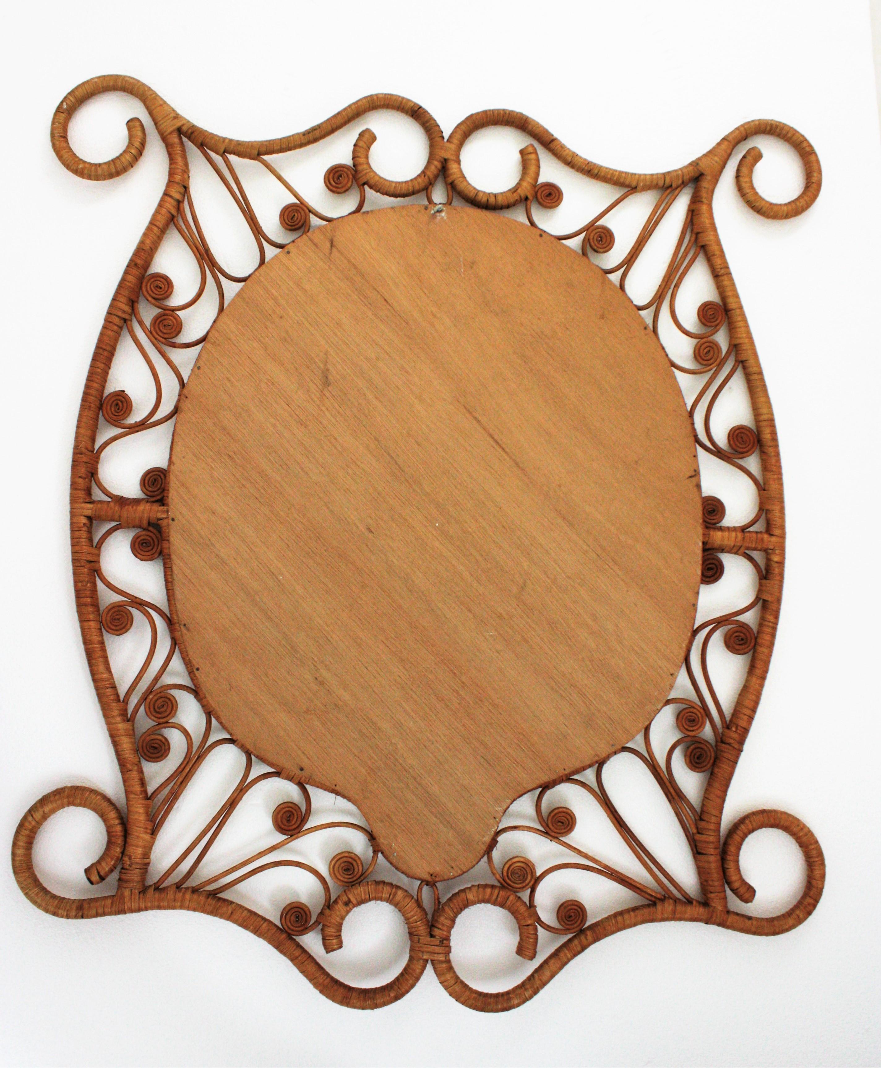 Rattan Large Mirror with Filigree Peacock Frame, Spain, 1960s 1