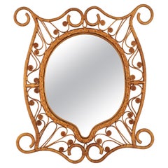 Rattan Large Mirror with Filigree Peacock Frame, Spain, 1960s