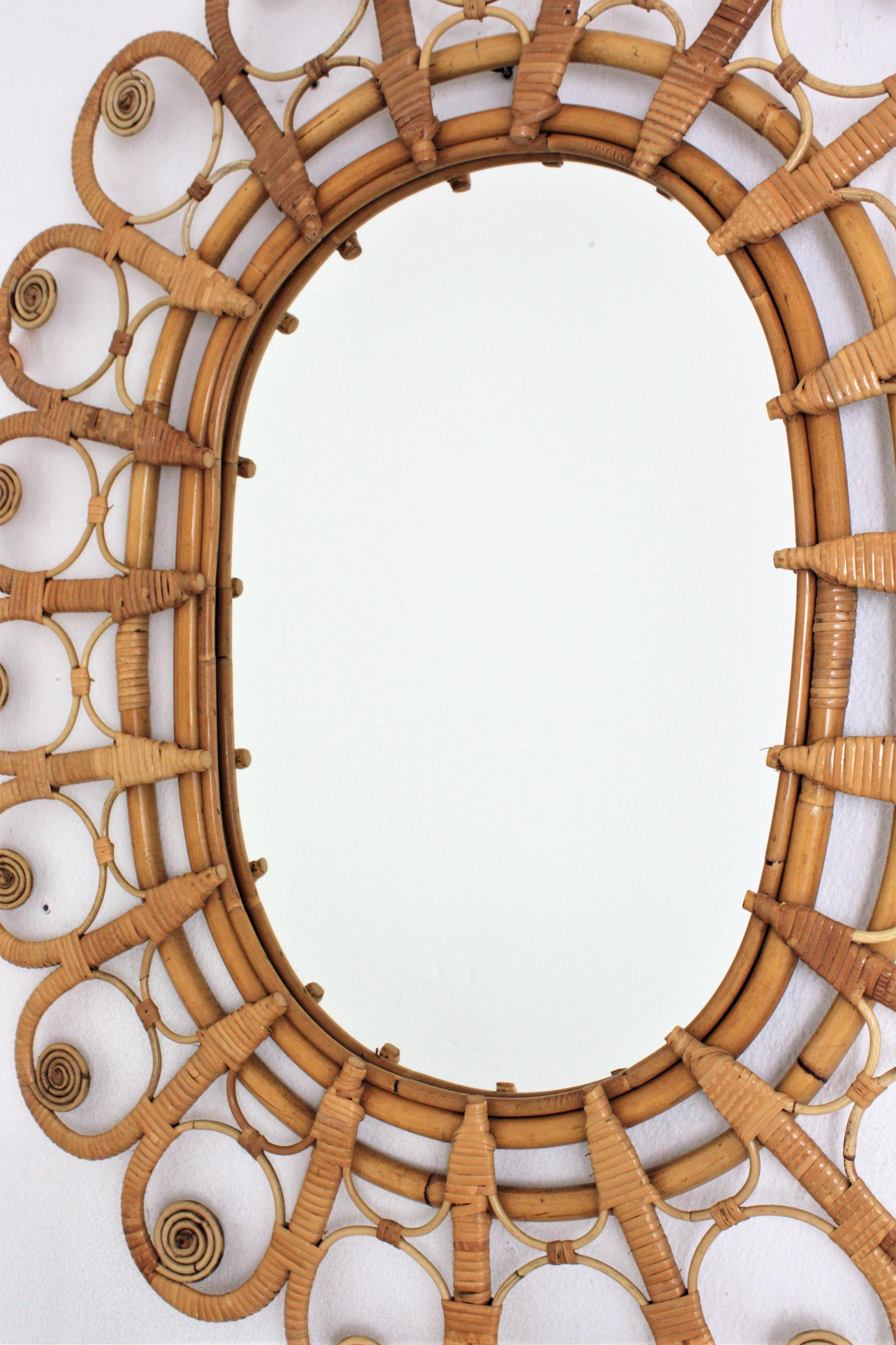 Rattan Large Oval Mirror with Filigree Peacock Frame, 1960s 3