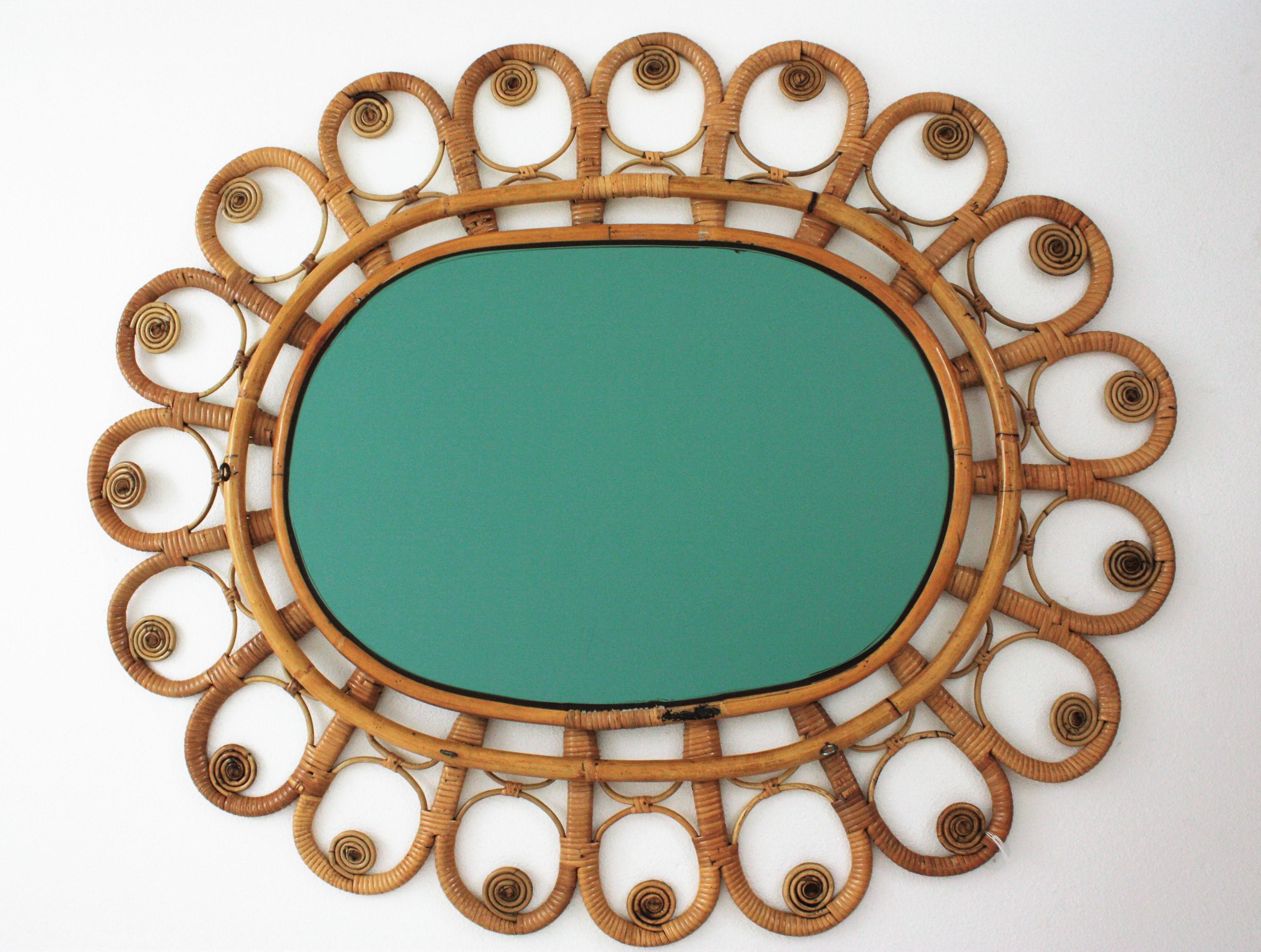Rattan Large Oval Mirror with Filigree Peacock Frame, 1960s 4