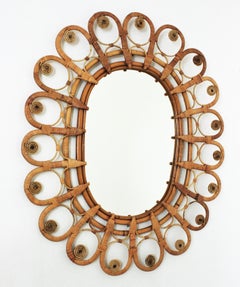 Rattan Large Oval Mirror with Filigree Peacock Frame, 1960s