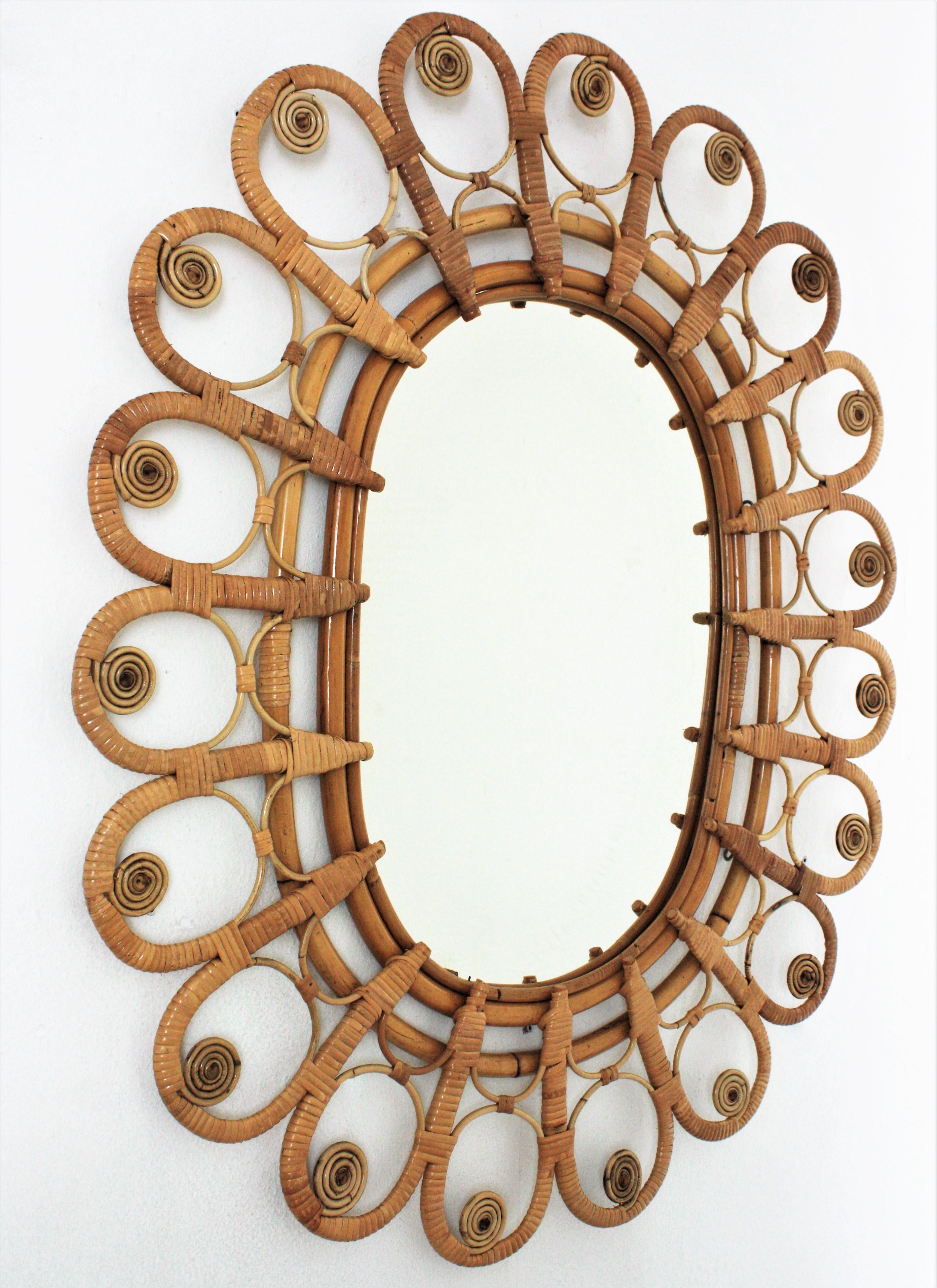 Mid-Century Modern Rattan Large Oval Mirror with Filigree Peacock Frame, 1960s