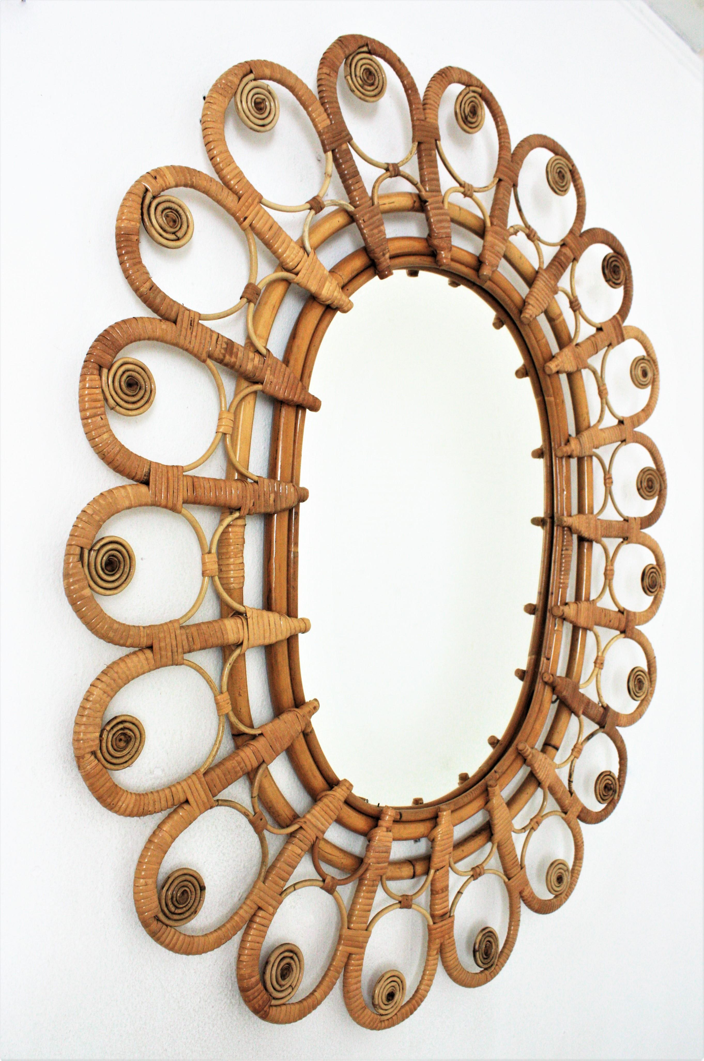 Spanish Rattan Large Oval Mirror with Filigree Peacock Frame, 1960s