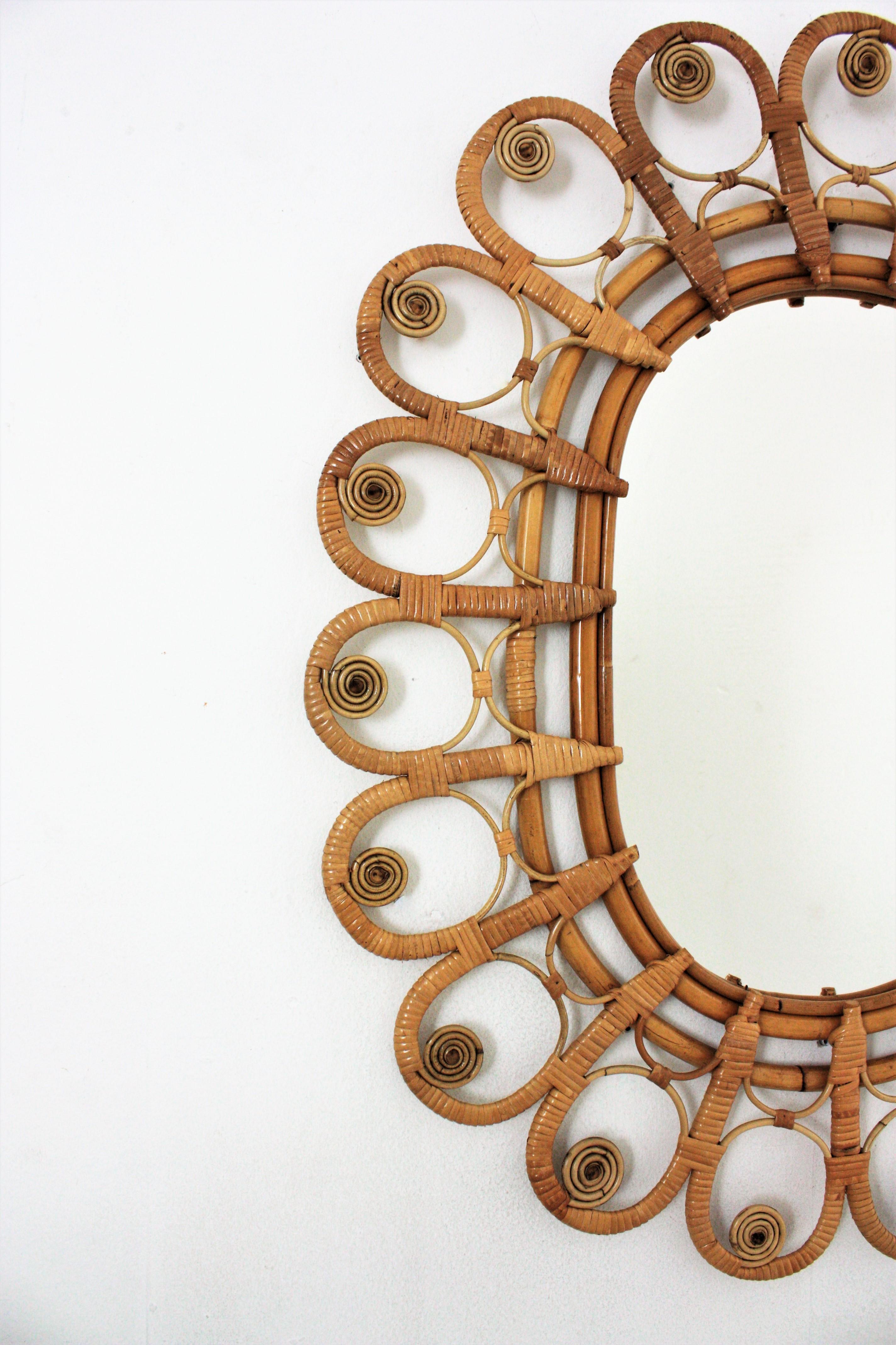 Hand-Crafted Rattan Large Oval Mirror with Filigree Peacock Frame, 1960s