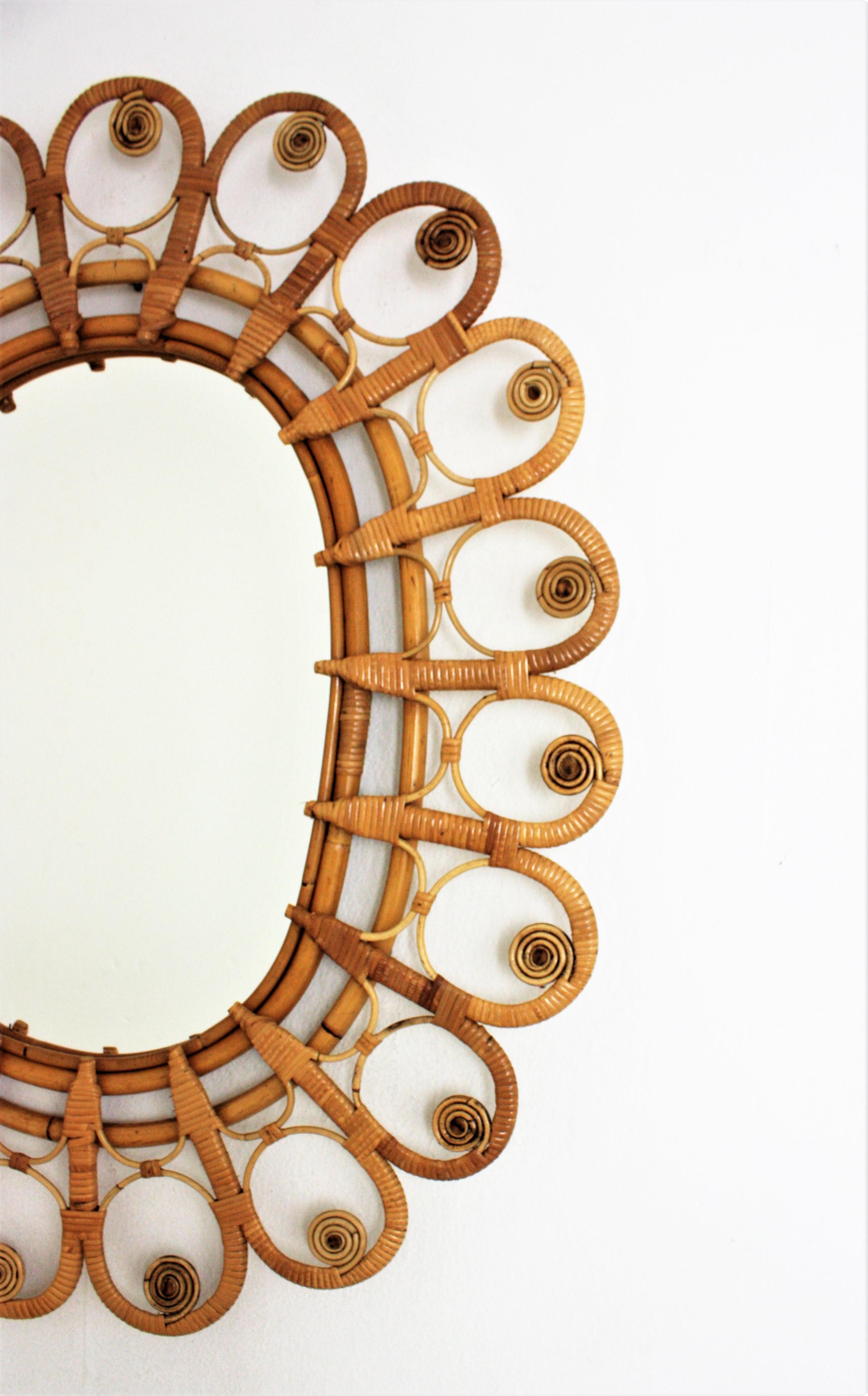 Rattan Large Oval Mirror with Filigree Peacock Frame, 1960s In Good Condition In Barcelona, ES