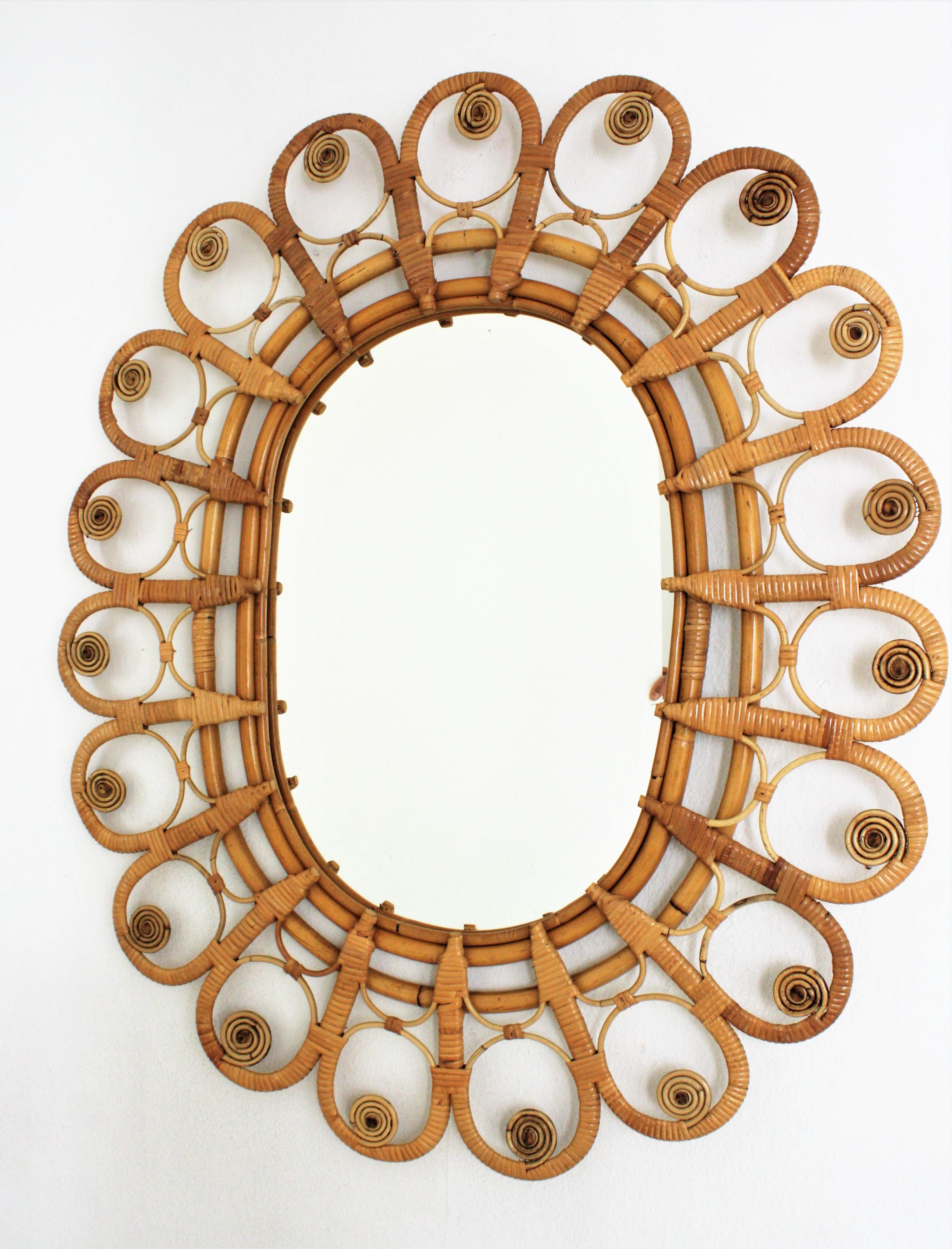 20th Century Rattan Large Oval Mirror with Filigree Peacock Frame, 1960s