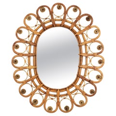 Rattan Large Oval Mirror with Filigree Peacock Frame, 1960s