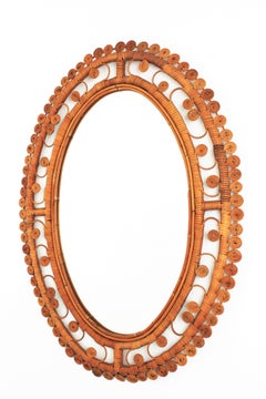 Rattan Large Oval Mirror with Filigree Peacock Frame, Spain, 1960s