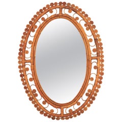 Retro Rattan Large Oval Mirror with Filigree Peacock Frame, Spain, 1960s