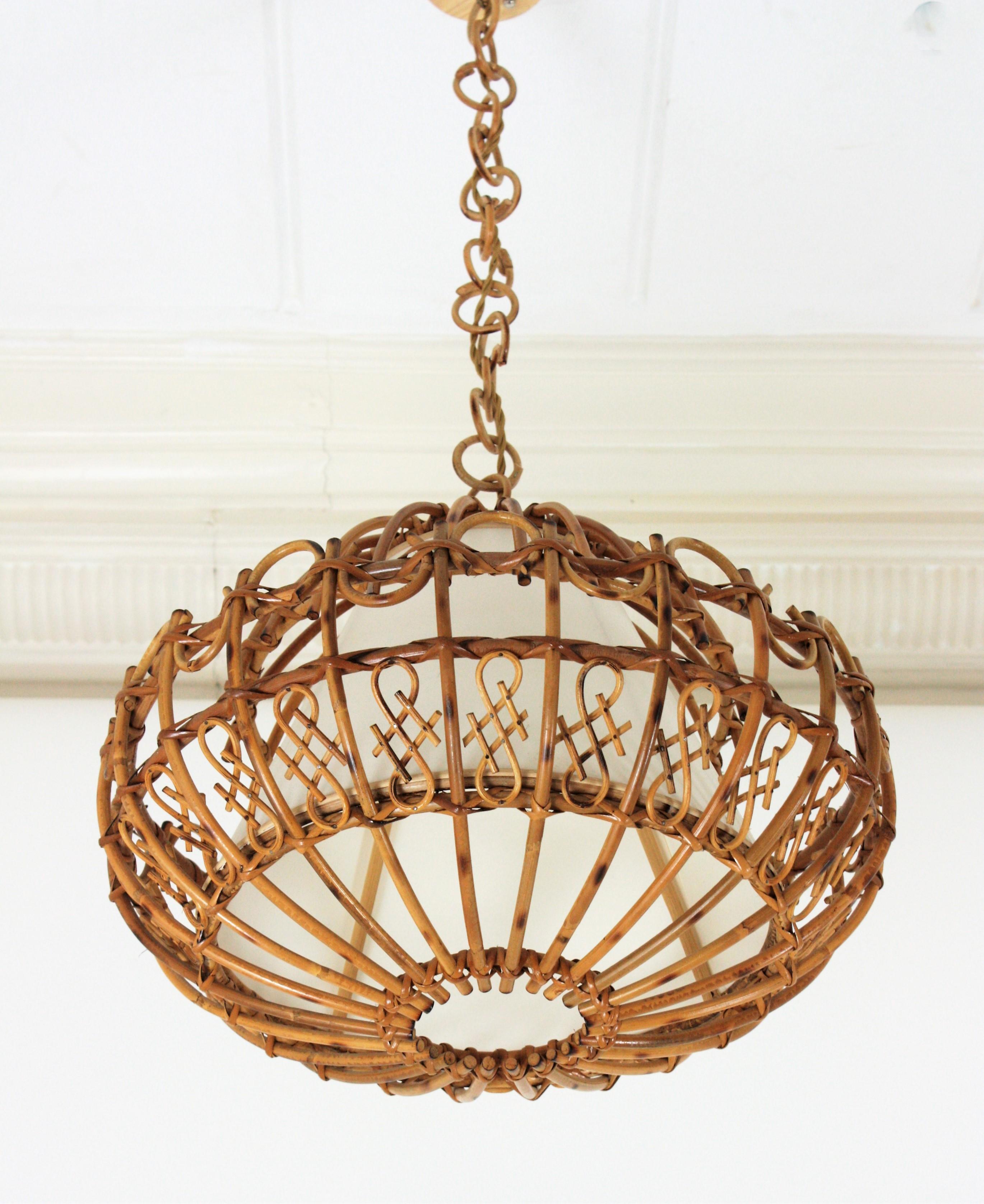 Mid-Century Modern Rattan Large Pendant Hanging Light, 1960s