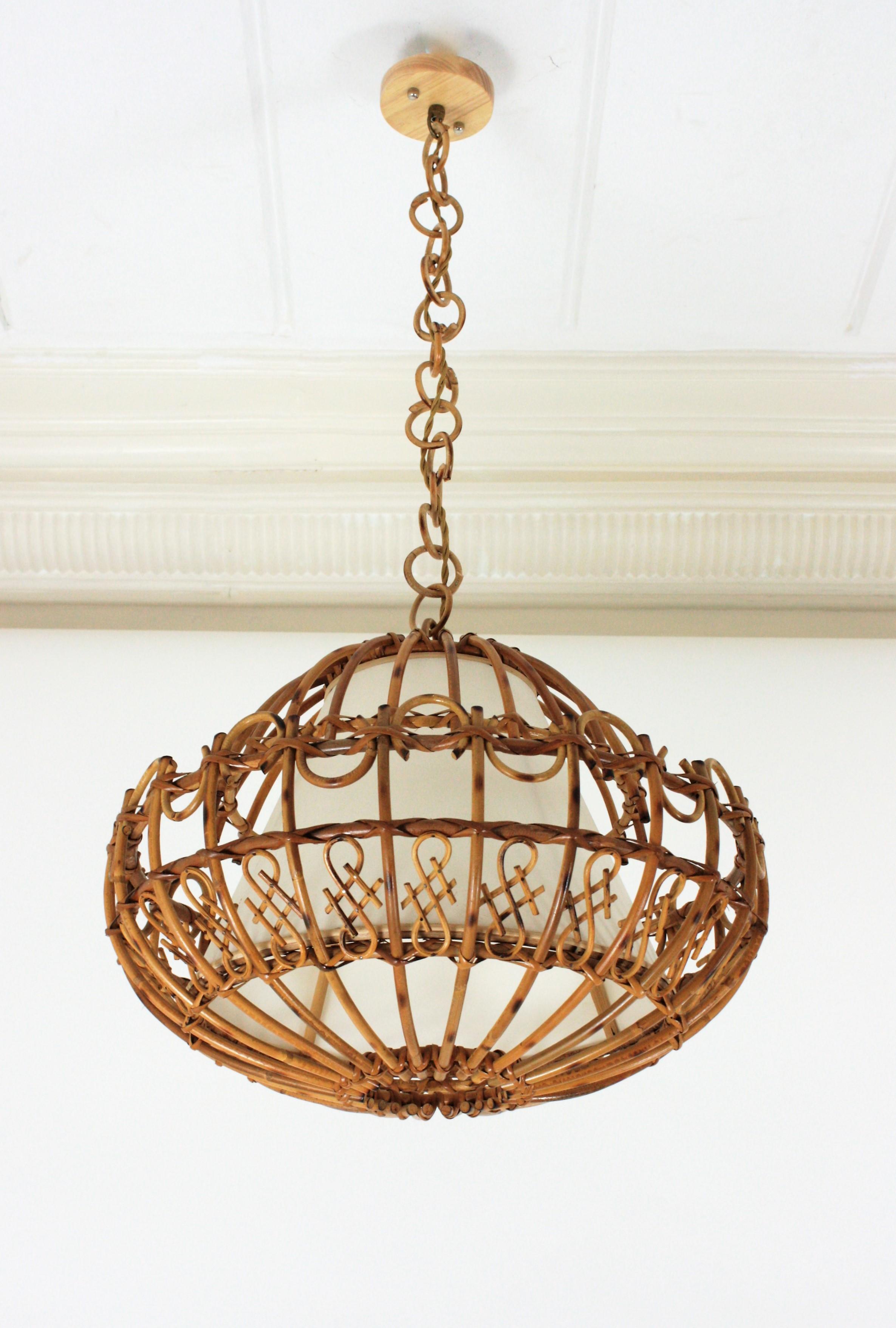 Rattan Large Pendant Hanging Light, 1960s In Excellent Condition In Barcelona, ES