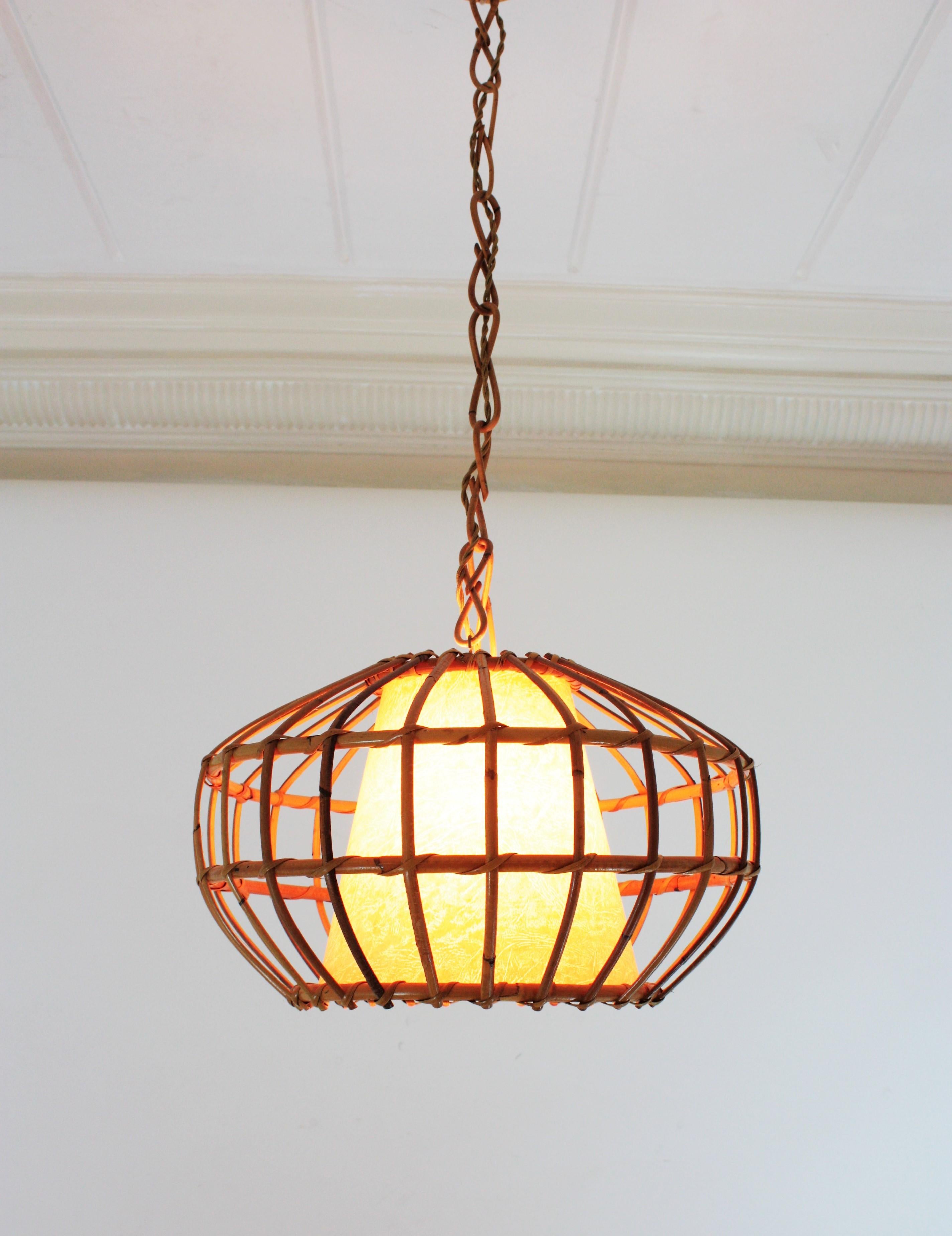 Spanish Large Rattan Pendant Hanging Light, 1960s