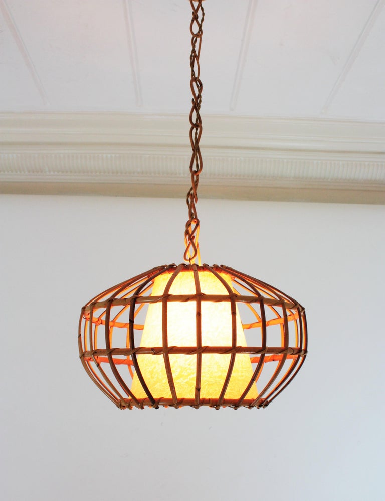 20th Century Large Rattan Pendant Hanging Light, 1960s For Sale