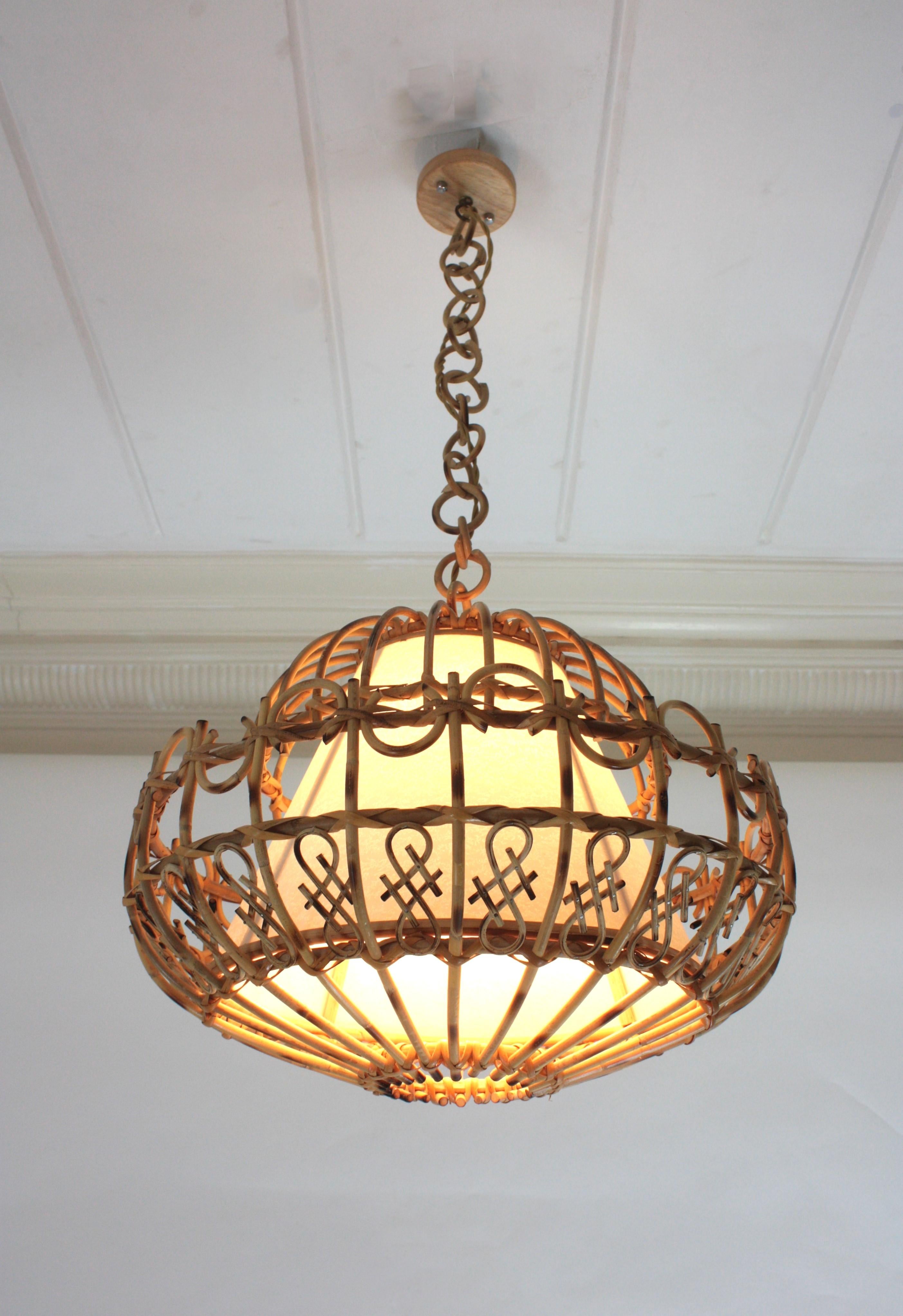 Rattan Large Pendant Hanging Light / Lantern, 1960s 3