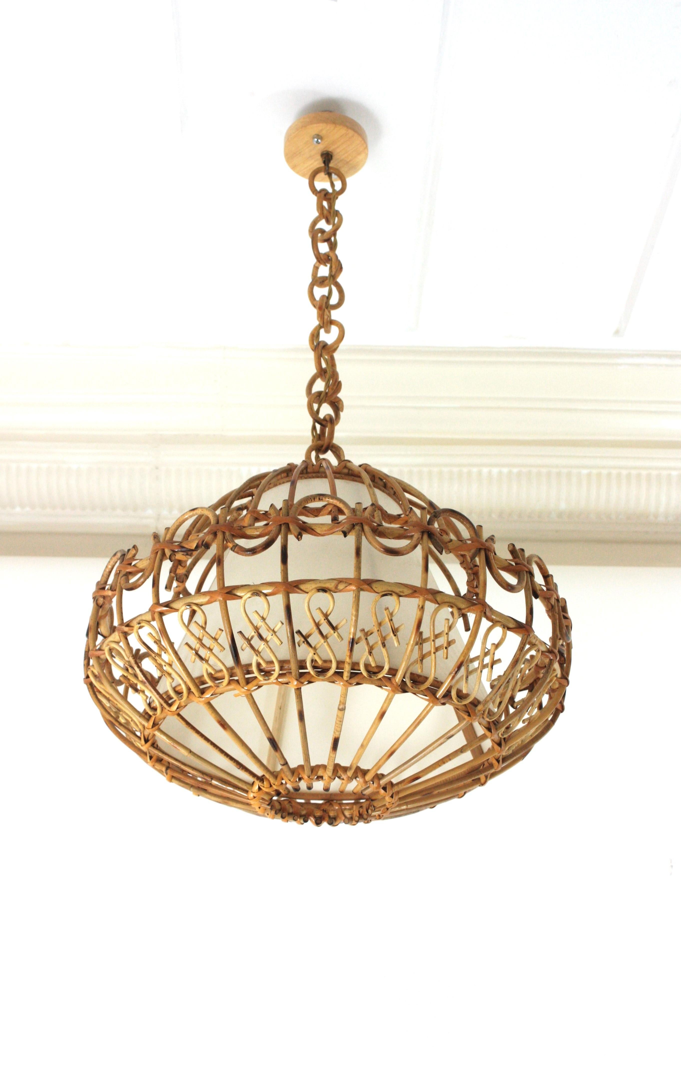 Rattan Large Pendant Hanging Light / Lantern, 1960s 4