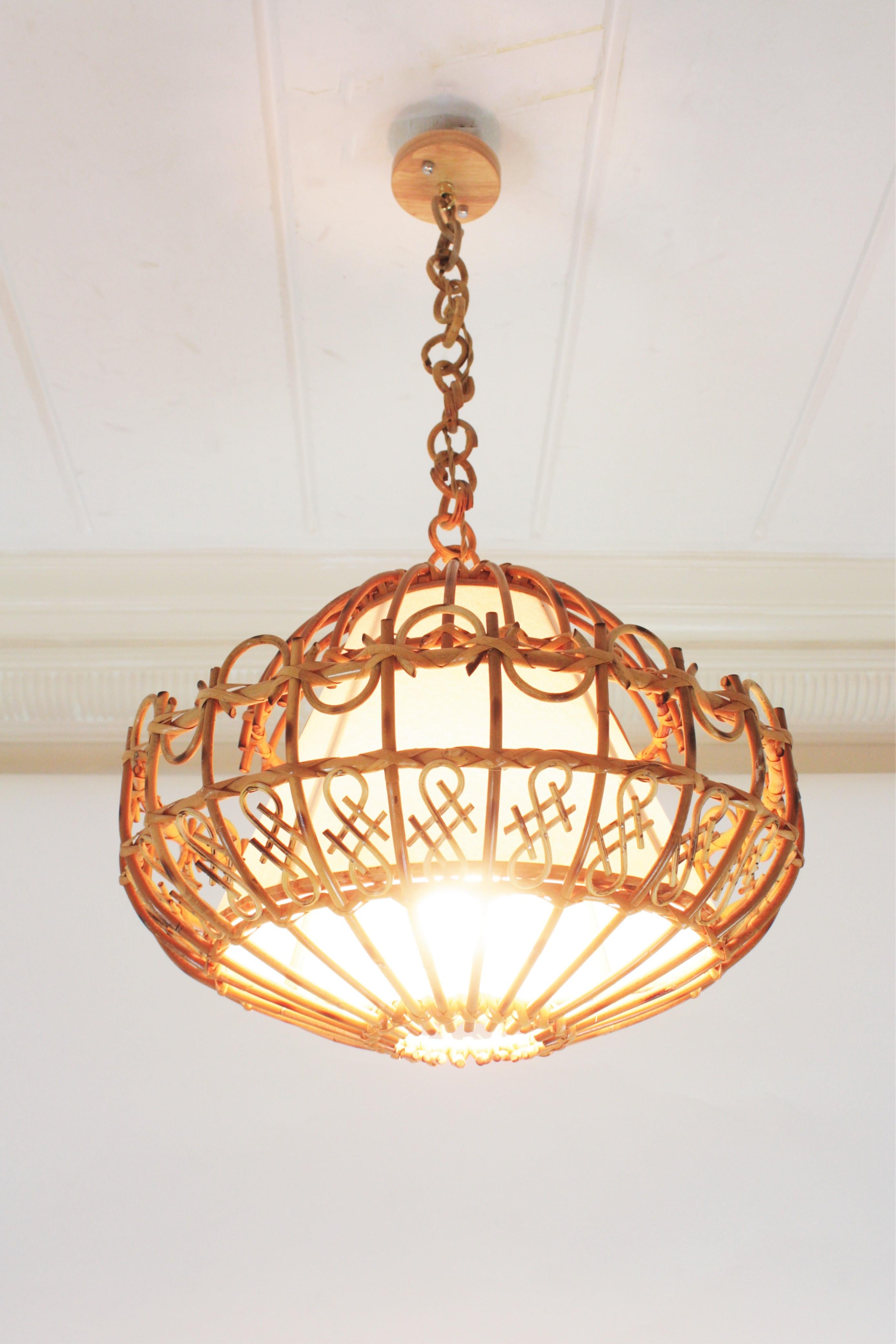 Rattan Large Pendant Hanging Light / Lantern, 1960s 4