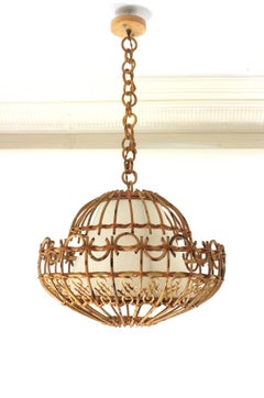 Grande lampe suspendue/lanterne en rotin, années 1960