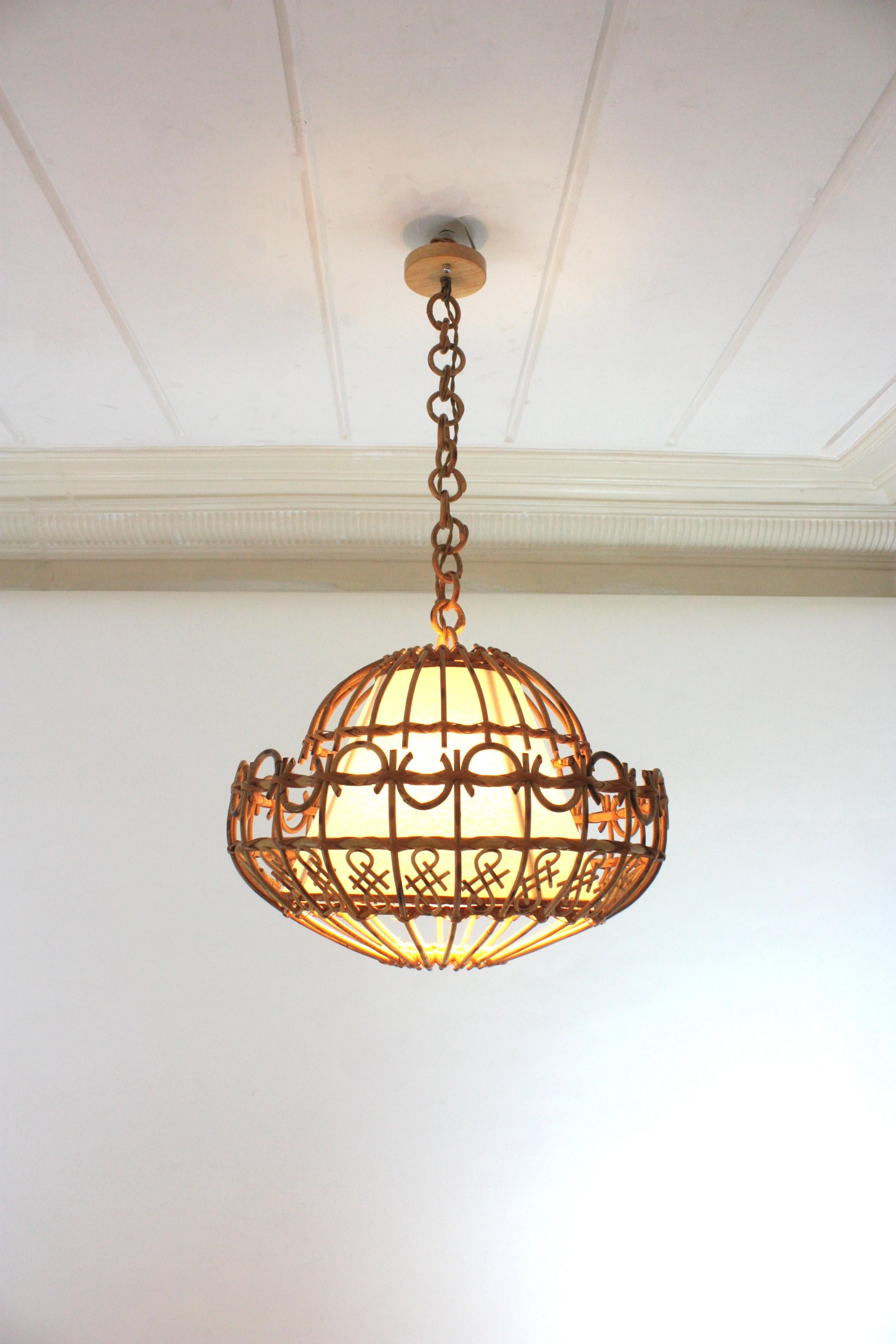 Mid-Century Modern Rattan Large Pendant Hanging Light / Lantern, 1960s