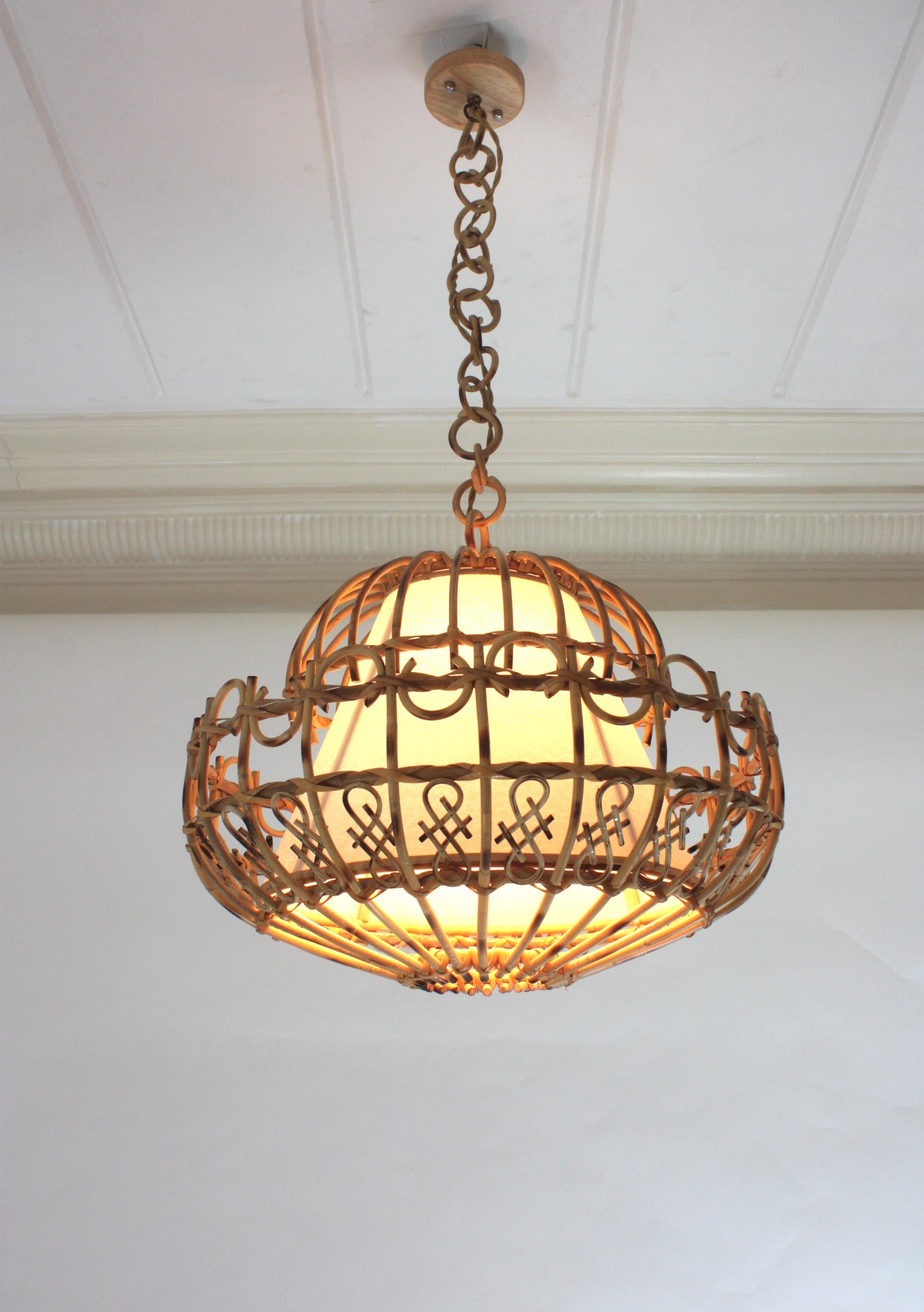 Mid-Century Modern Rattan Large Pendant Hanging Light / Lantern, 1960s
