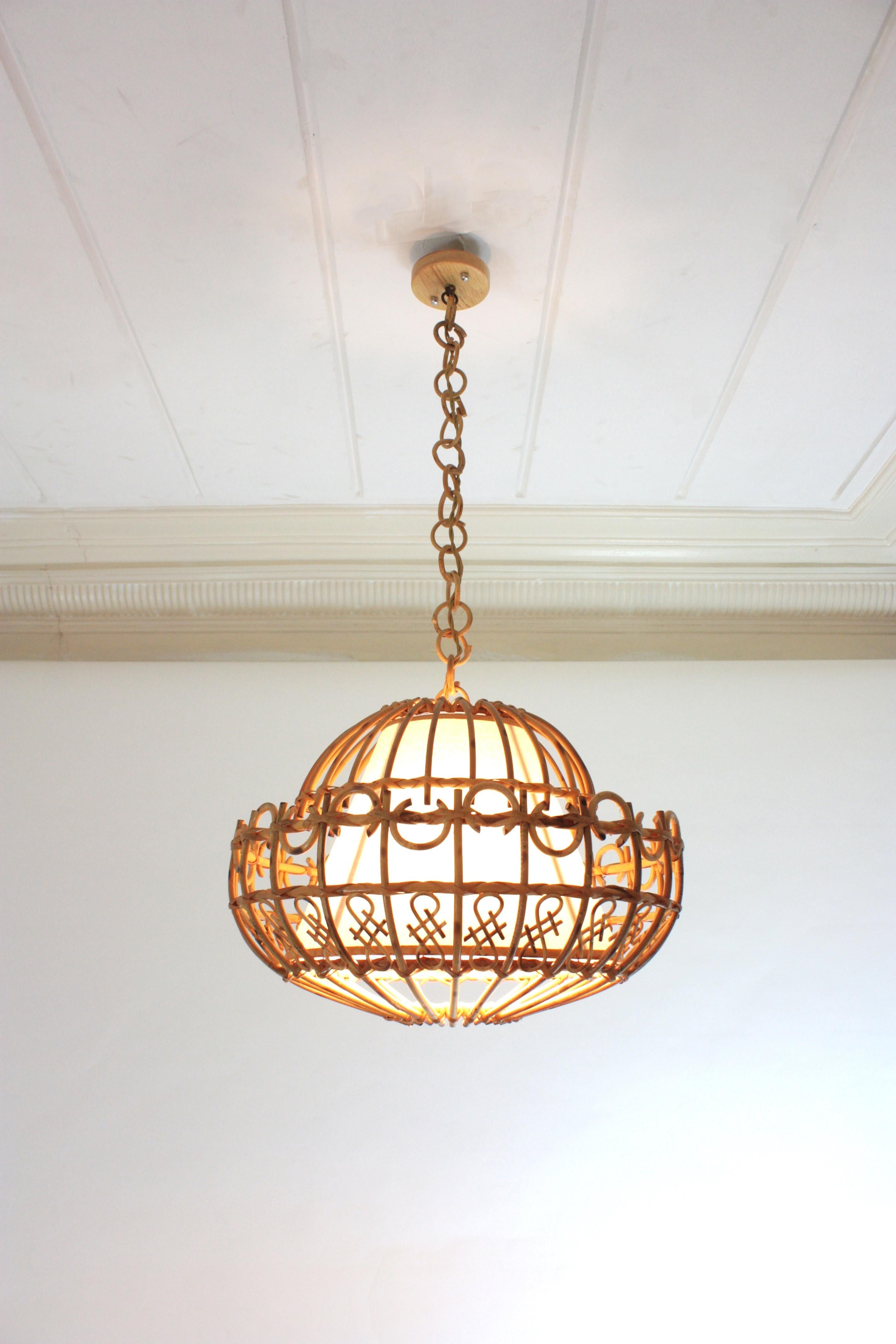 Mid-Century Modern Rattan Large Pendant Hanging Light / Lantern, 1960s For Sale