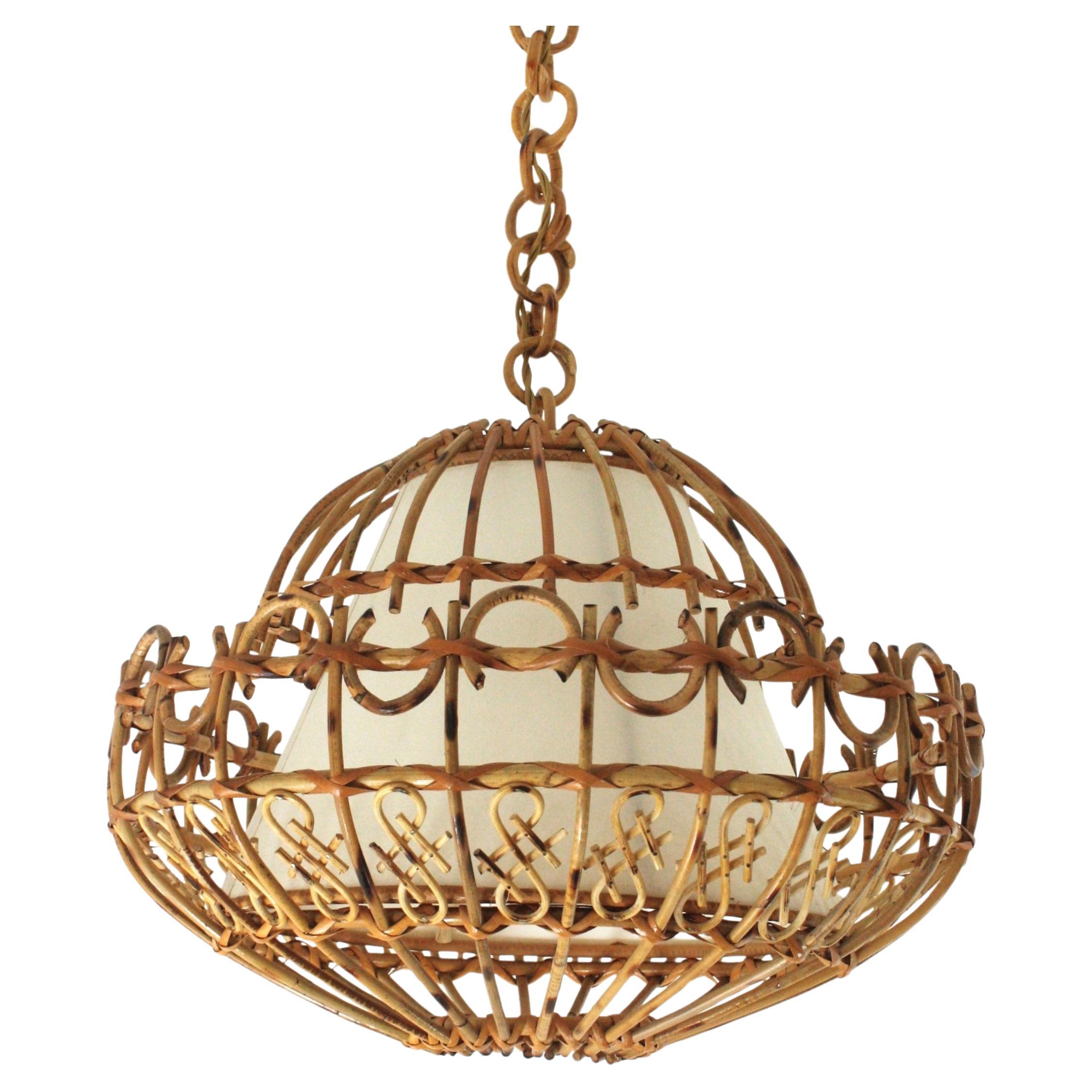Spanish Rattan Large Pendant Hanging Light / Lantern, 1960s