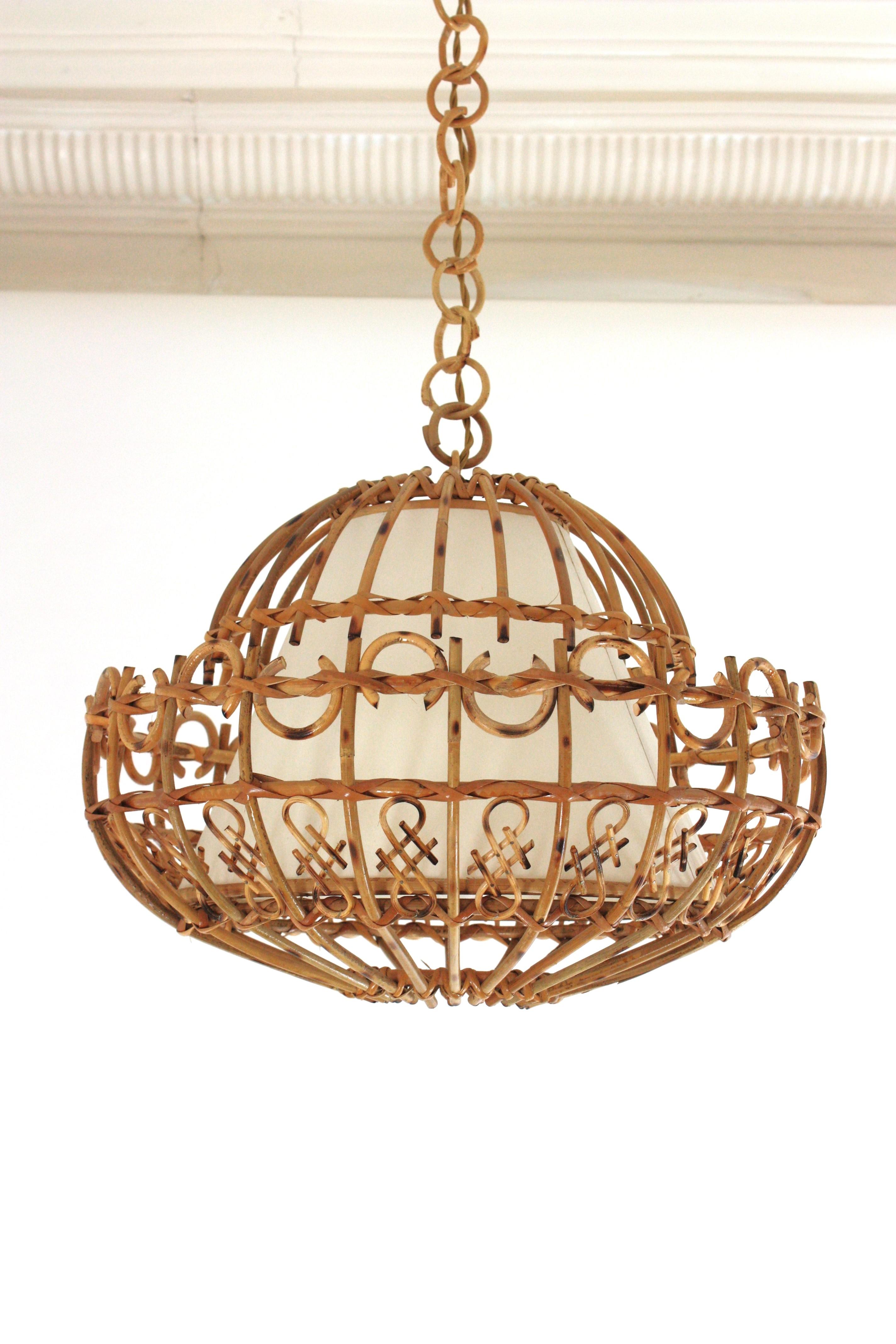 Spanish Rattan Large Pendant Hanging Light / Lantern, 1960s For Sale