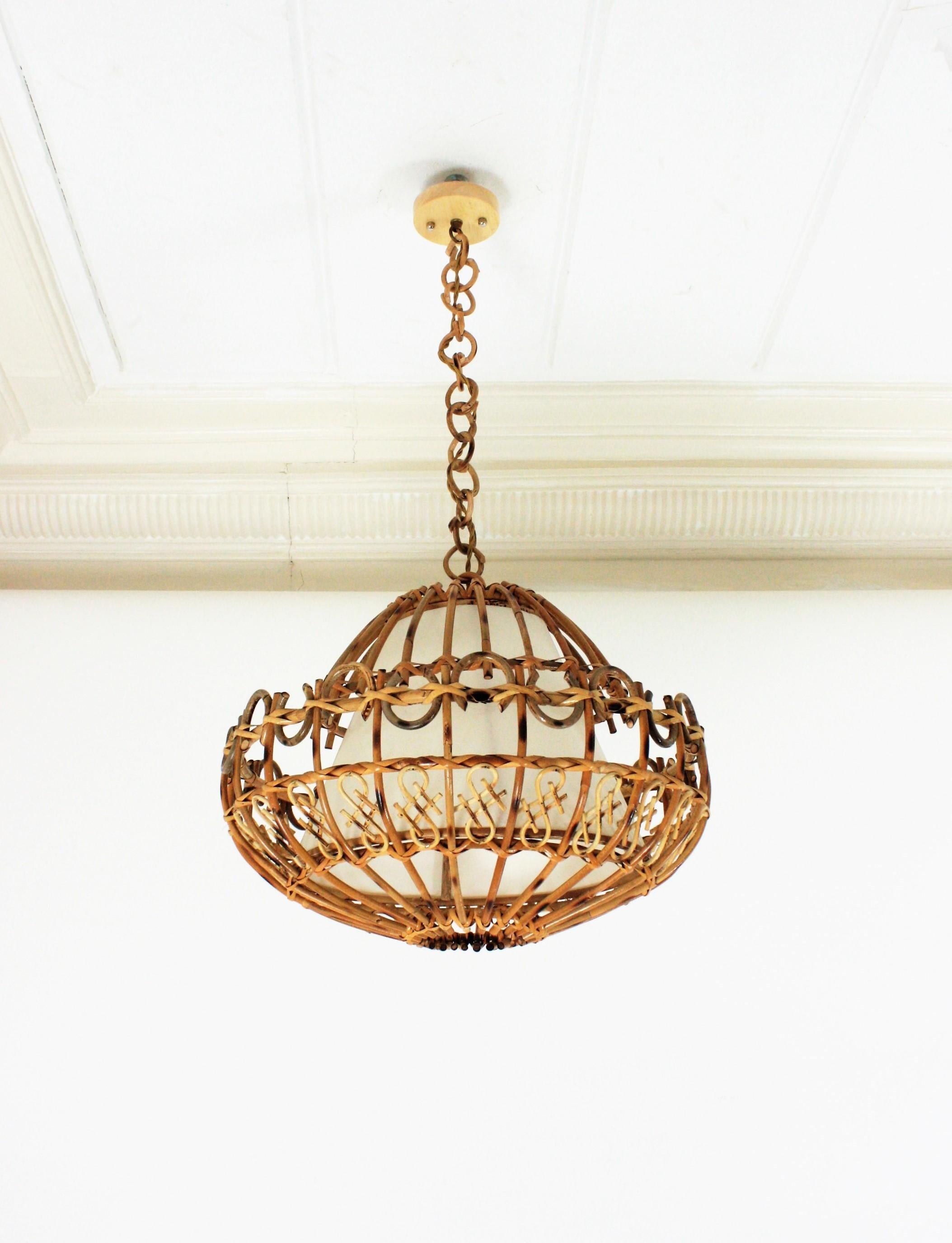 Hand-Crafted Rattan Large Pendant Hanging Light / Lantern, 1960s