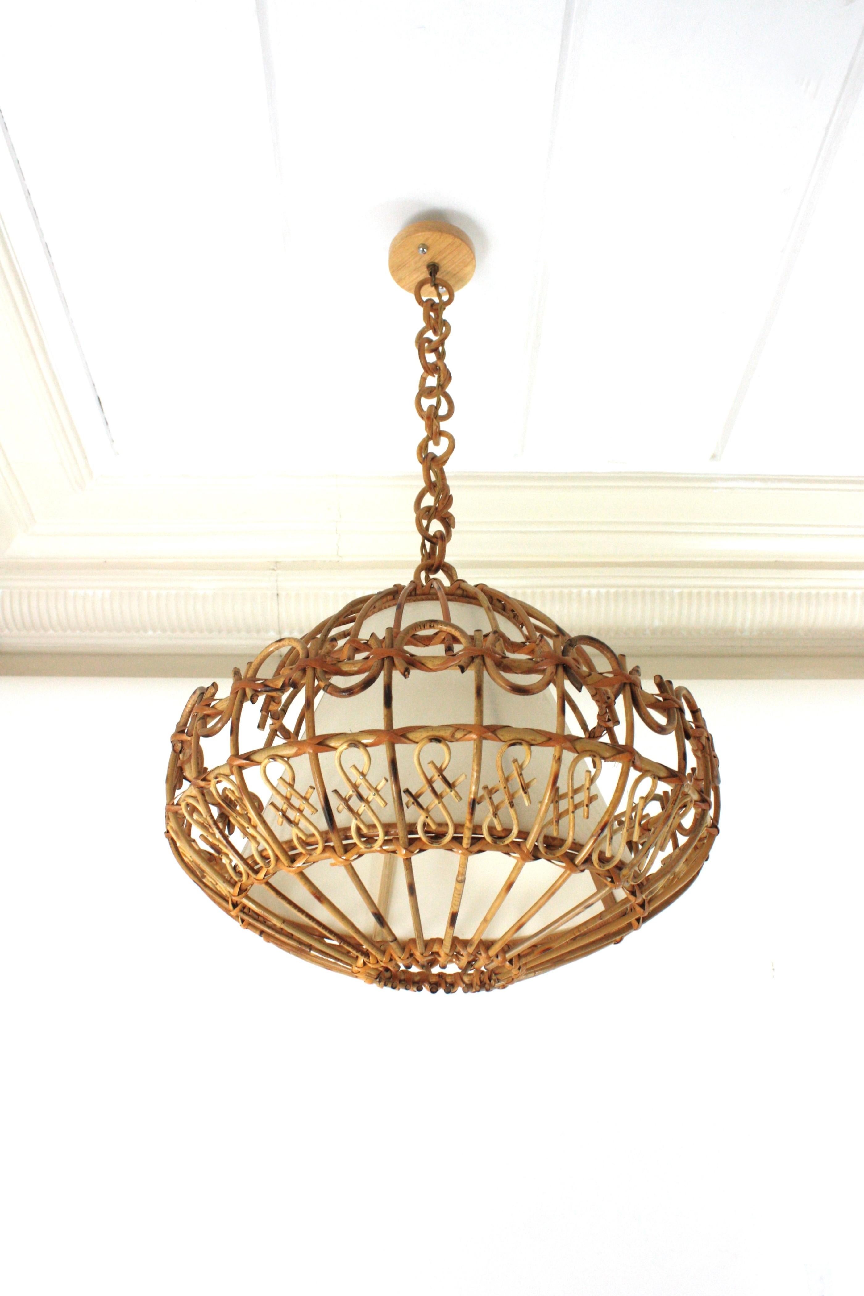 Hand-Crafted Rattan Large Pendant Hanging Light / Lantern, 1960s