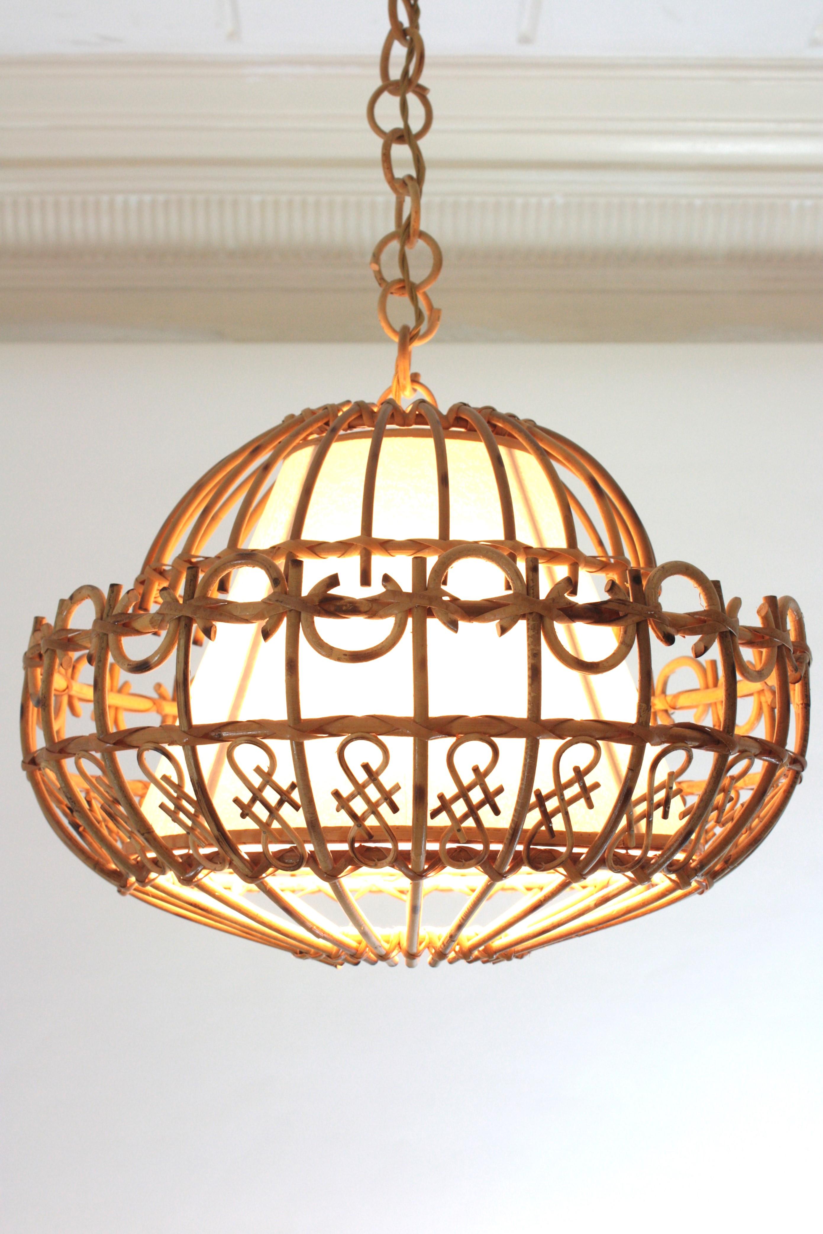 Hand-Crafted Rattan Large Pendant Hanging Light / Lantern, 1960s For Sale
