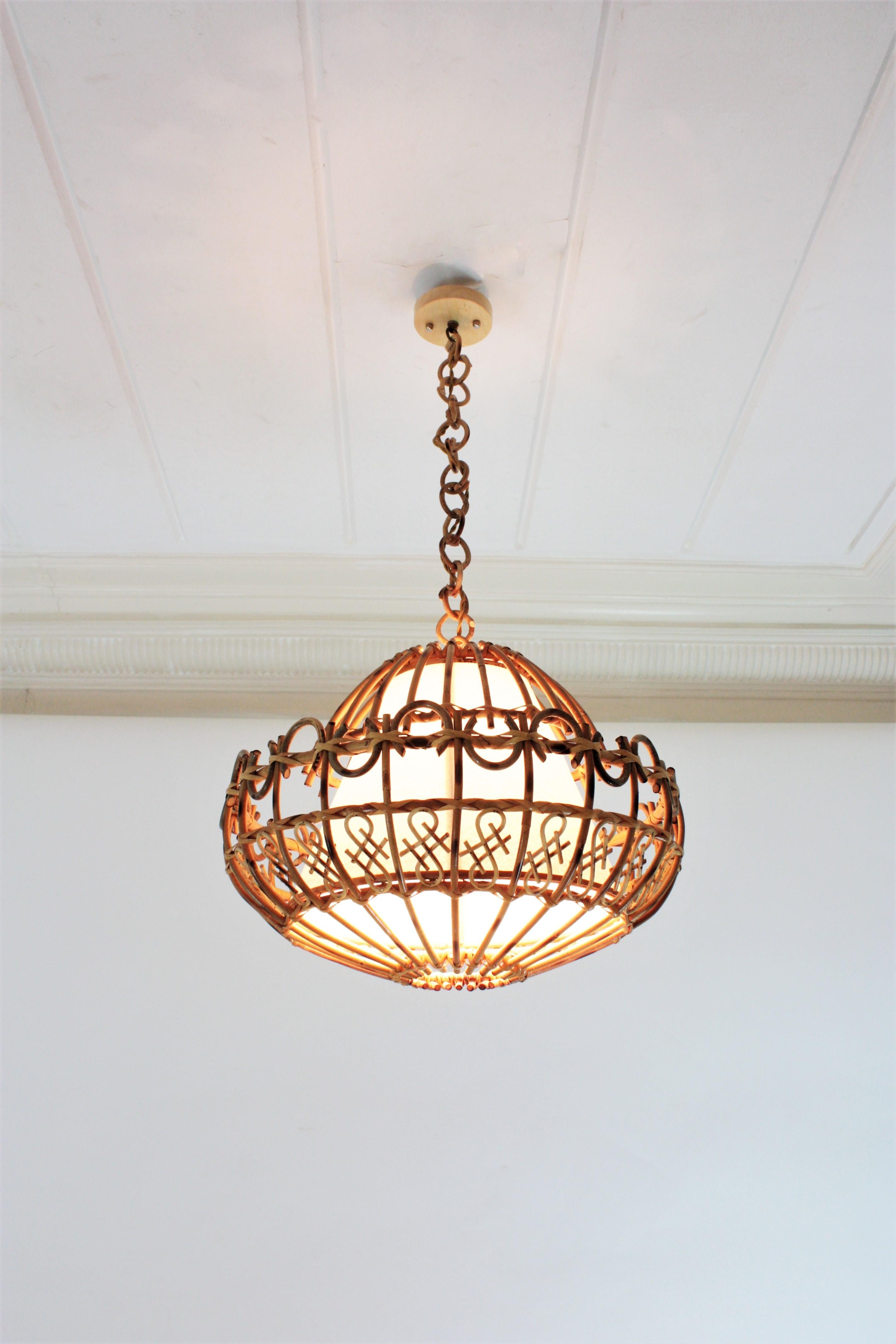 Rattan Large Pendant Hanging Light / Lantern, 1960s In Excellent Condition In Barcelona, ES