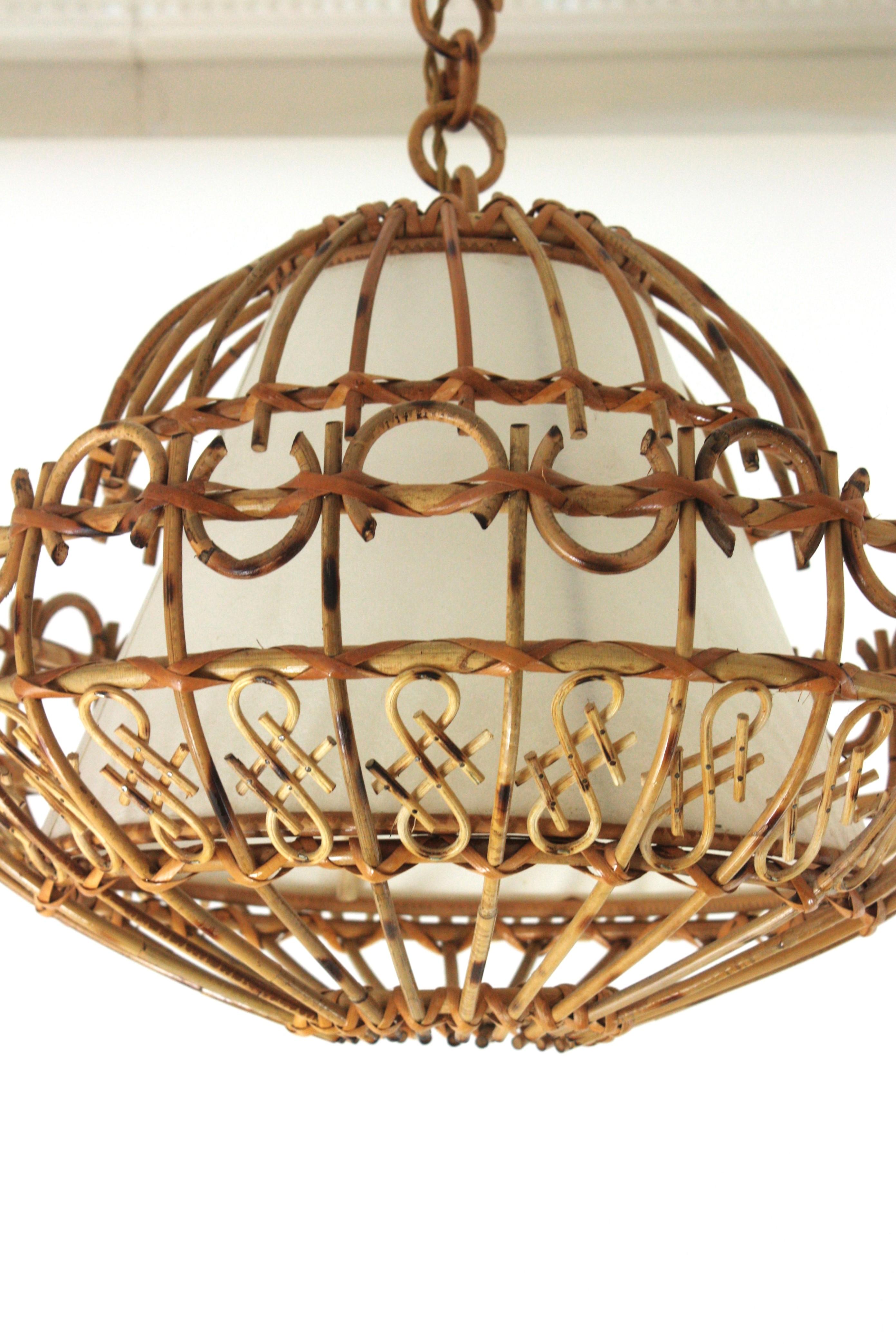 Rattan Large Pendant Hanging Light / Lantern, 1960s In Good Condition In Barcelona, ES
