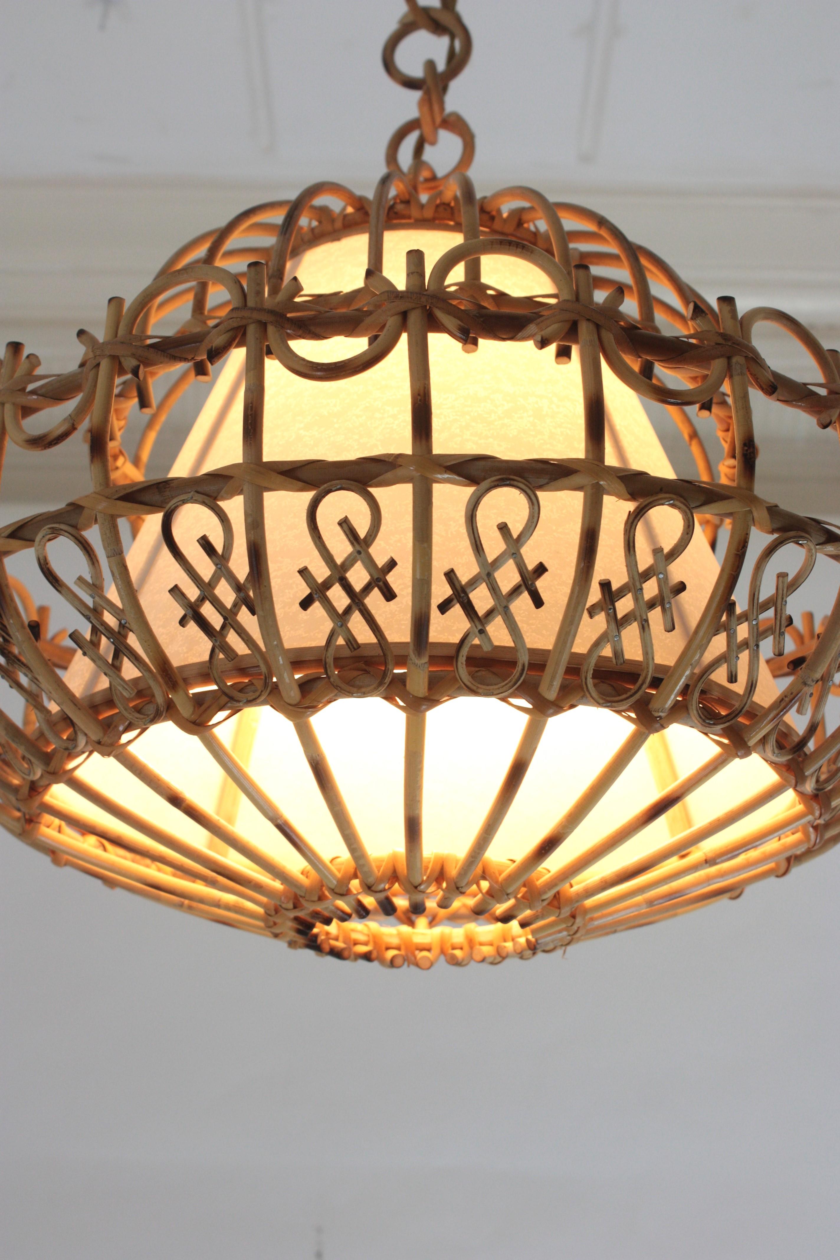 Rattan Large Pendant Hanging Light / Lantern, 1960s In Good Condition In Barcelona, ES