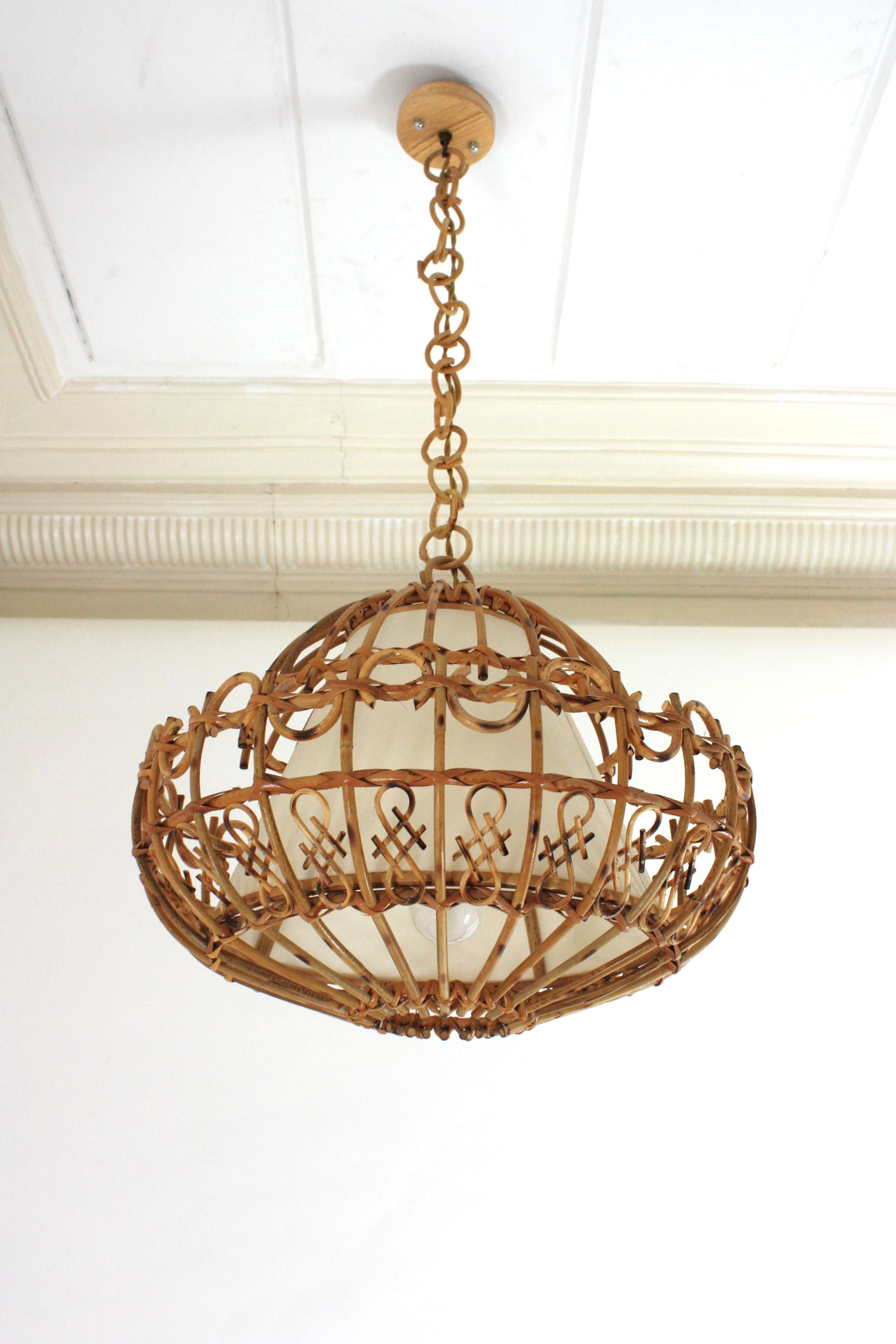 Rattan Large Pendant Hanging Light / Lantern, 1960s In Good Condition For Sale In Barcelona, ES